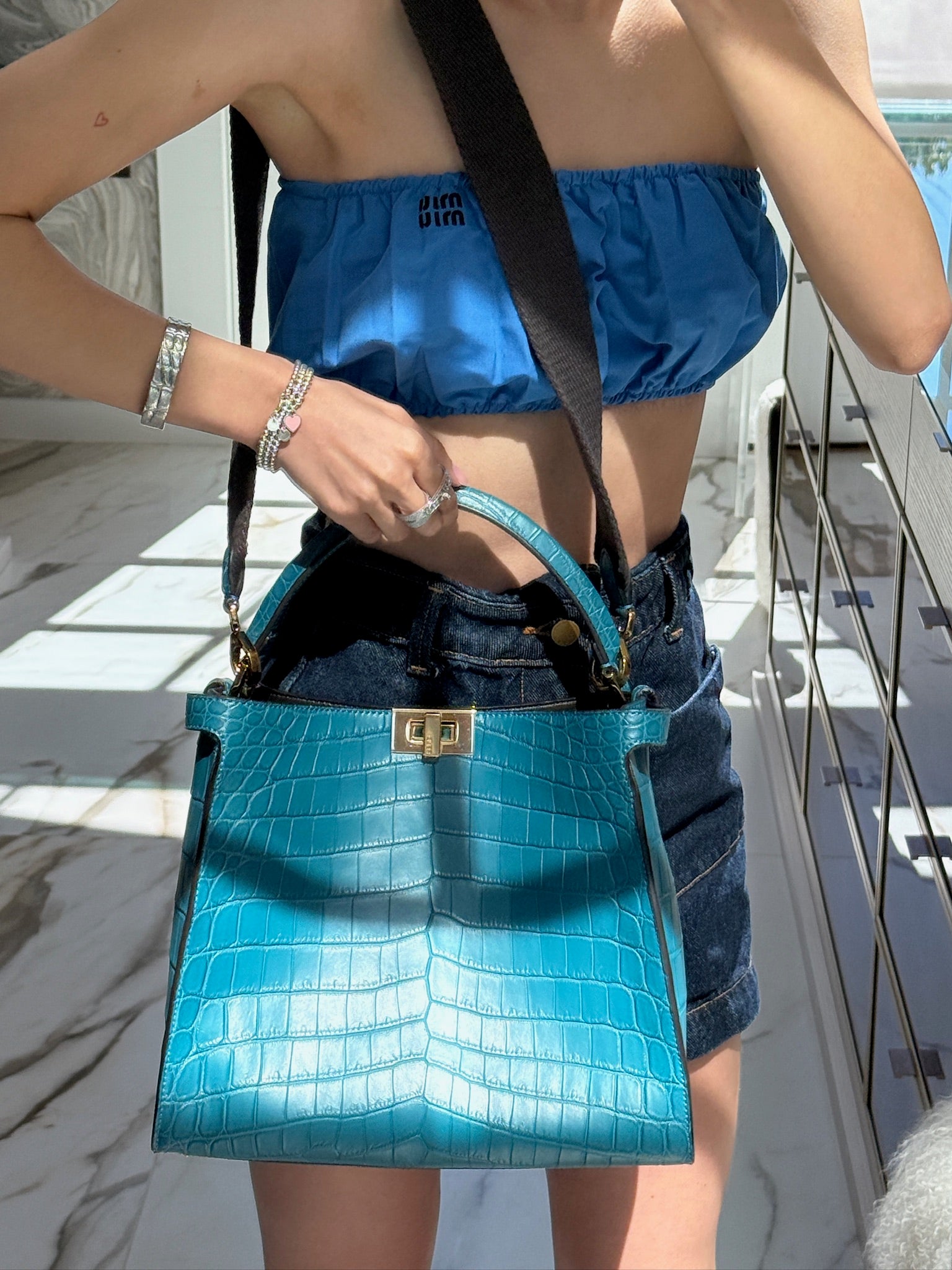 Fendi Peekaboo X-Lite Large Soft Matte Turquoise Crocodile Gold