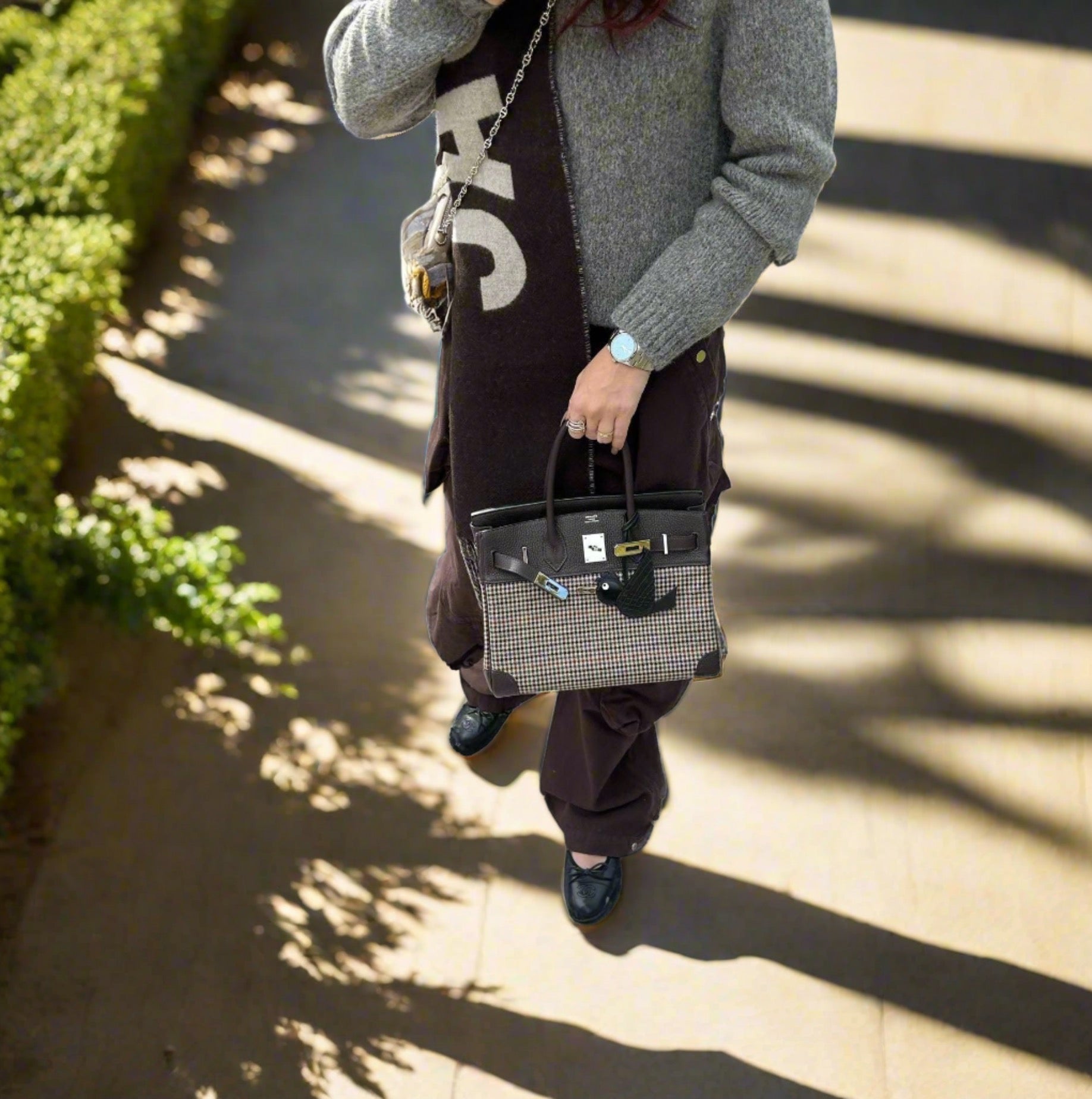 Hermès Lainage Birkin 30 Houndstooth Plaid Wool and Ebene Togo