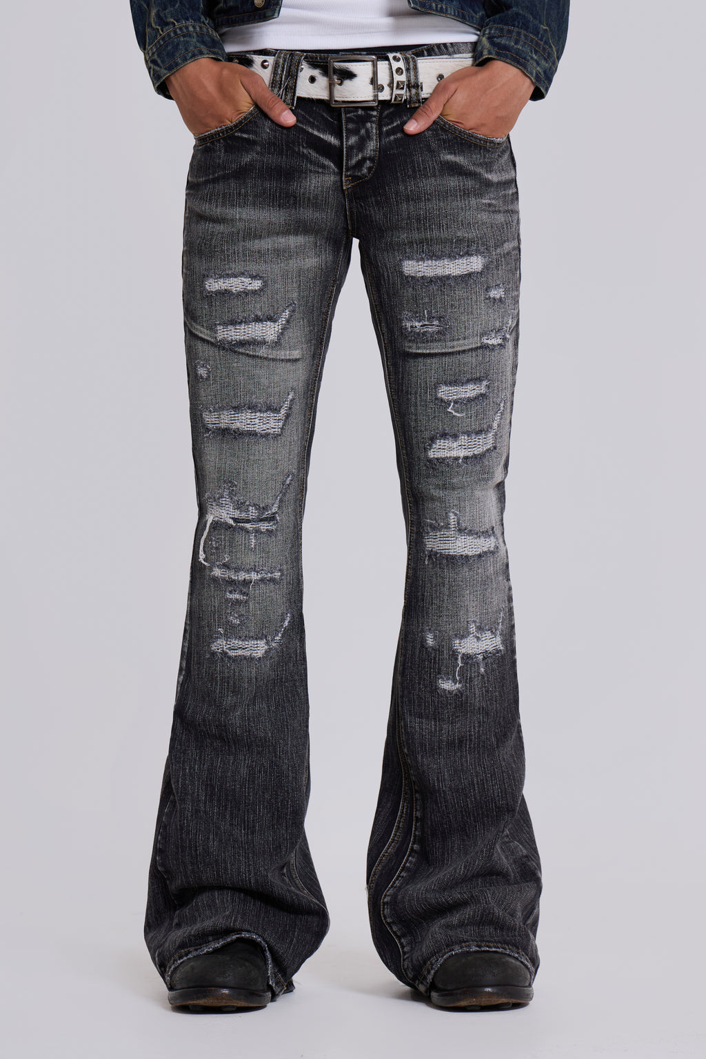 Washed Black Laced Bootcut Jeans | Jaded Man