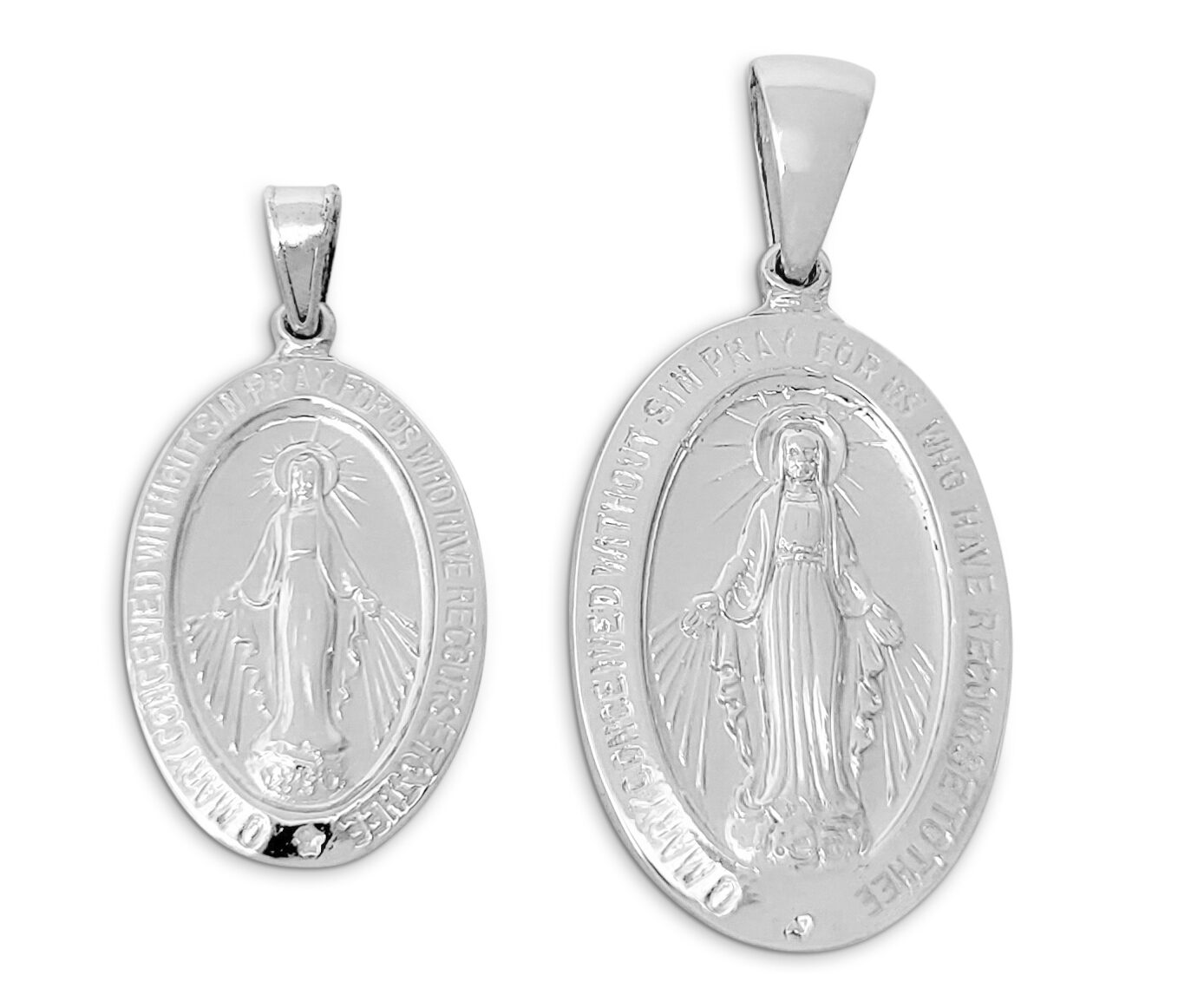Solid 18K White Gold Miraculous Medal Virgin Mary Pendant, 0.9