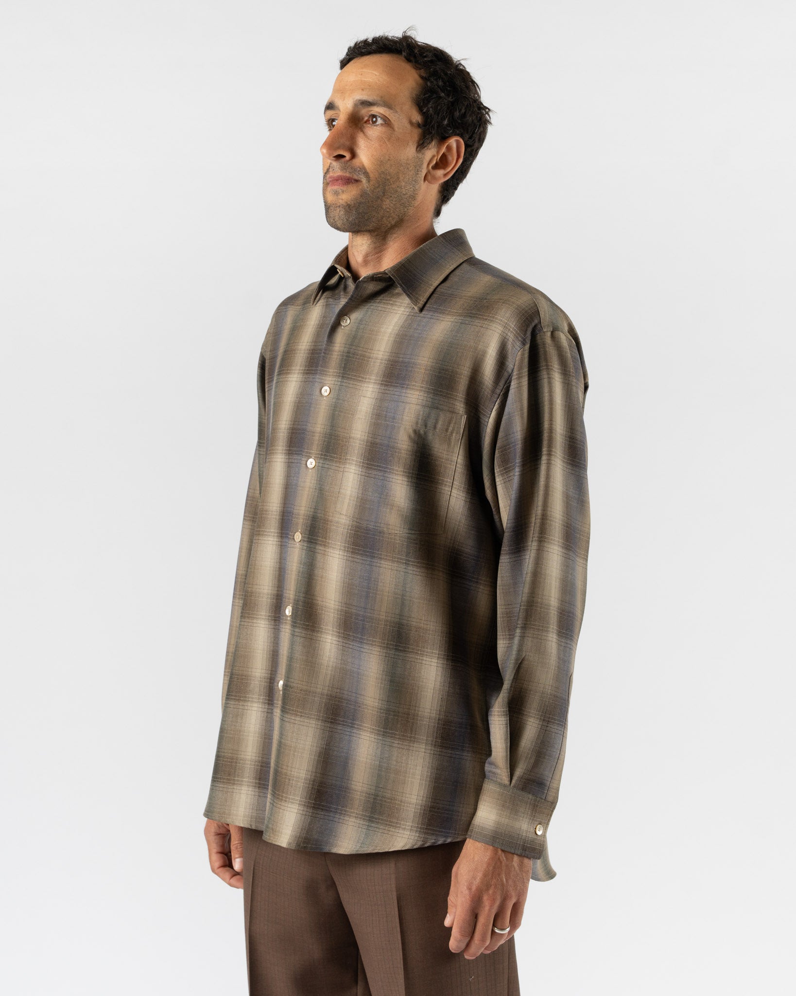 Auralee Super Light Wool Check Shirt in Brown Blue Check Curated