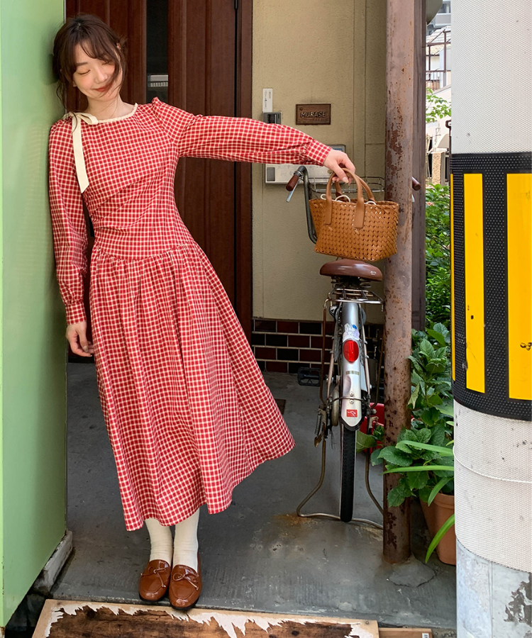 サイドリボンギンガムチェックレトロワンピース – jemiremi（ジェミレミ）