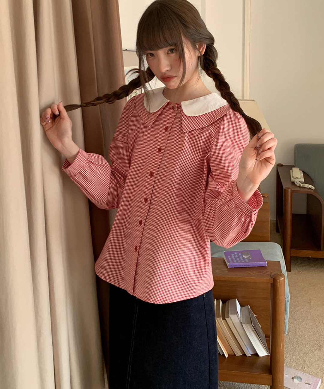 ダブルカラーギンガムチェック長袖ブラウス – jemiremi（ジェミレミ）