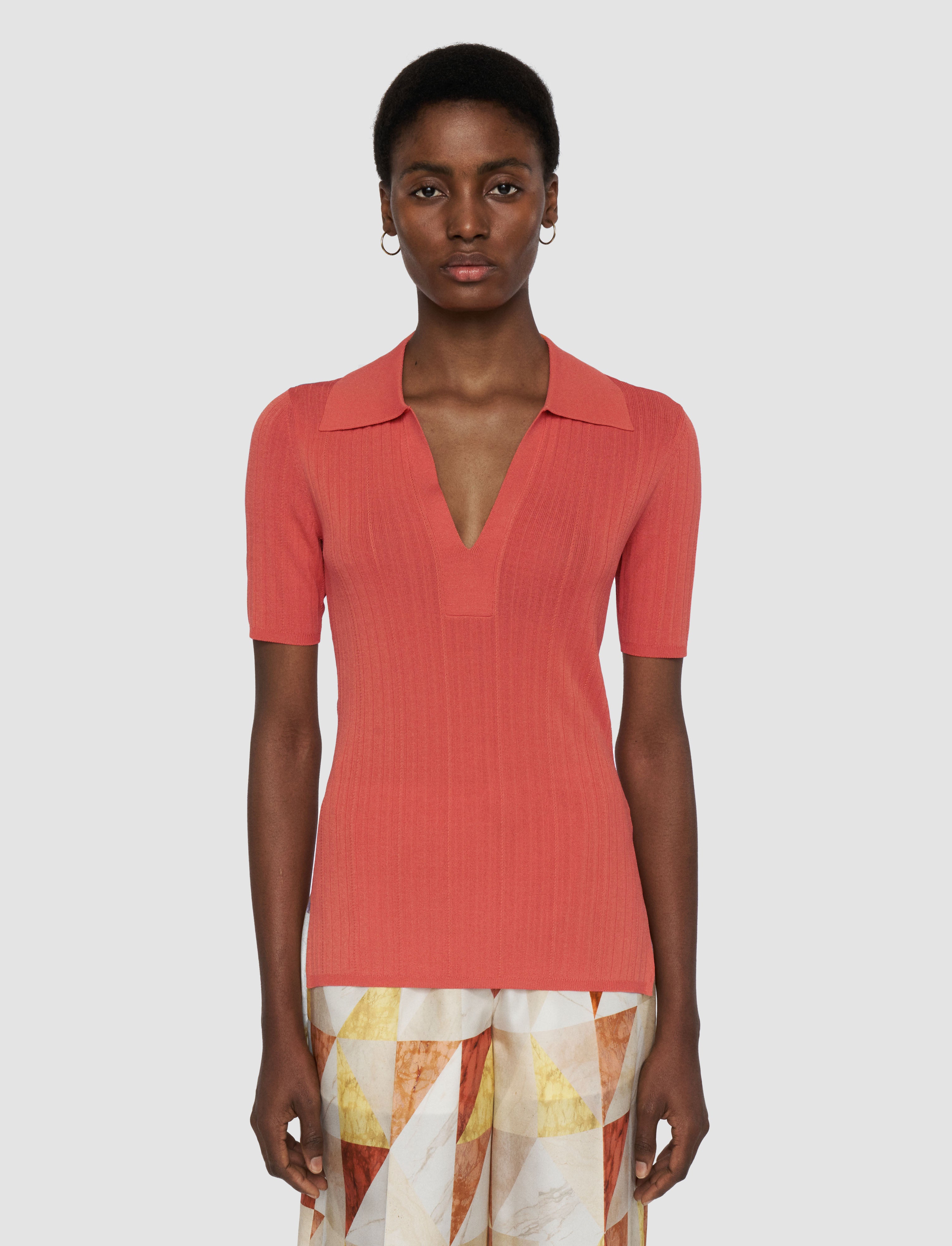 Viscose Rib Knit Polo Top in Orange | JOSEPH US