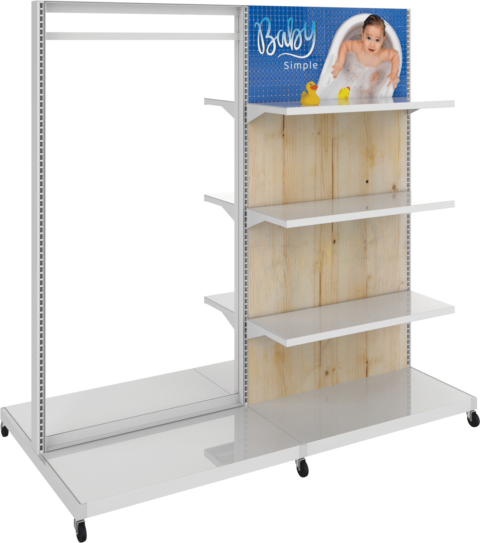 MODIFY Double Sided Display Stand with Shelving and Hanging Apparel -