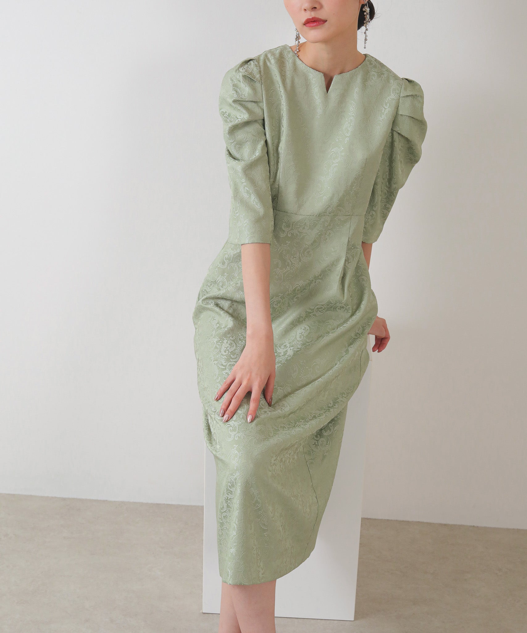 ジャガード パフスリーブ ワンピース 結婚式 お呼ばれ パーティー ドレス