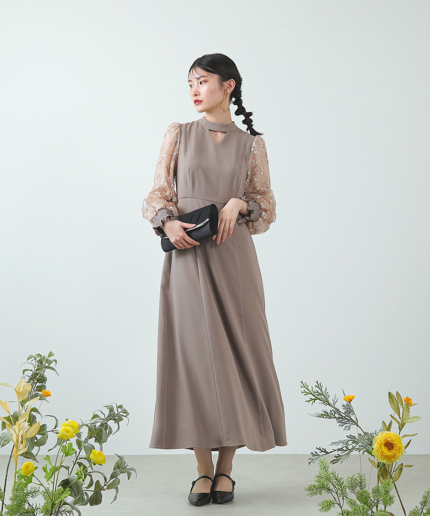 刺繍 シアー トライアングルデザイン ワンピース ドレス