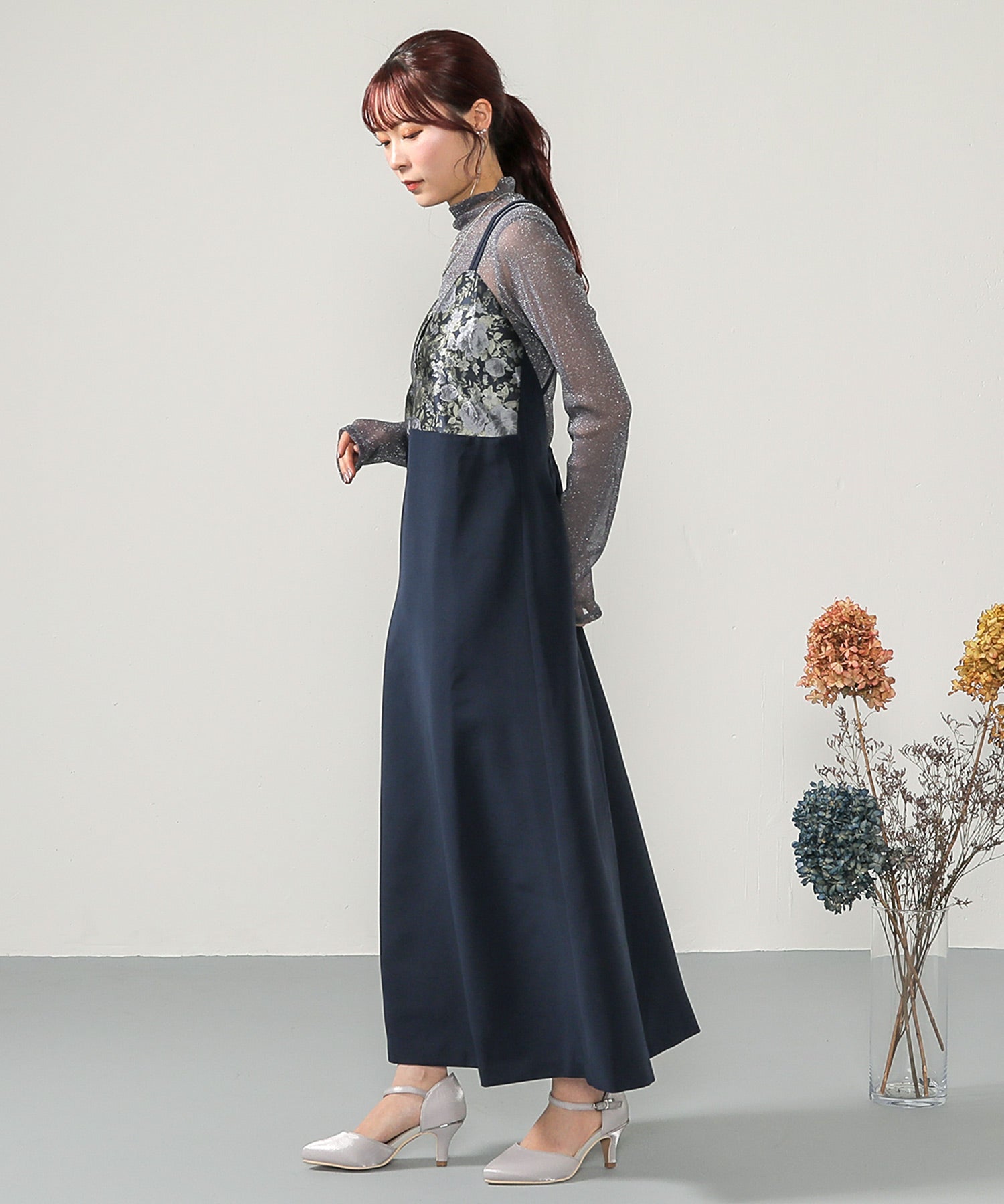 ラメ シアー トップス 花柄ワンピ 2点セット パーティードレス 結婚式