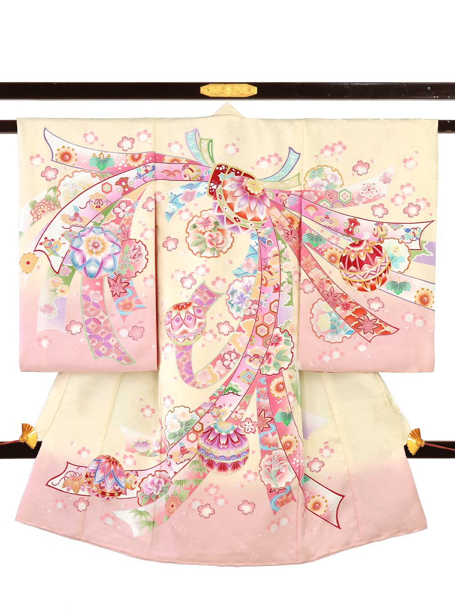 お宮参り産着レンタル／クリーム色に束ね熨斗、鞠と雪輪の祝い着／女児