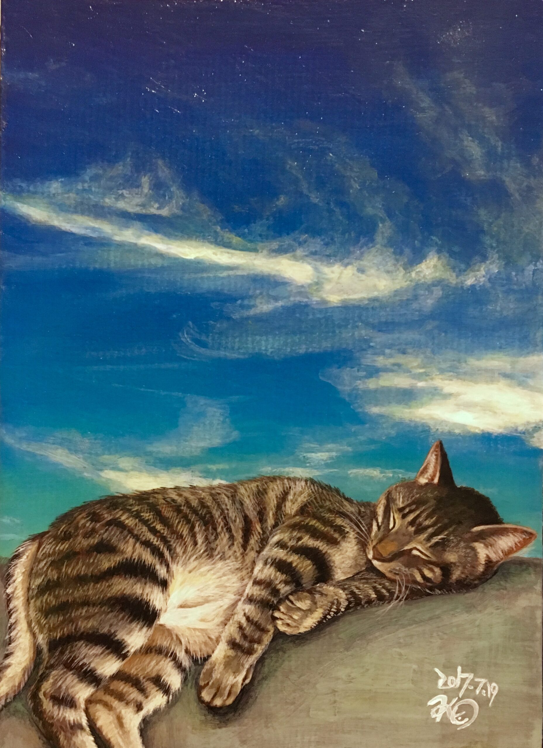 アクリル画 激空と猫 | 美術家 大森かずえ / Artist Kazue Omori