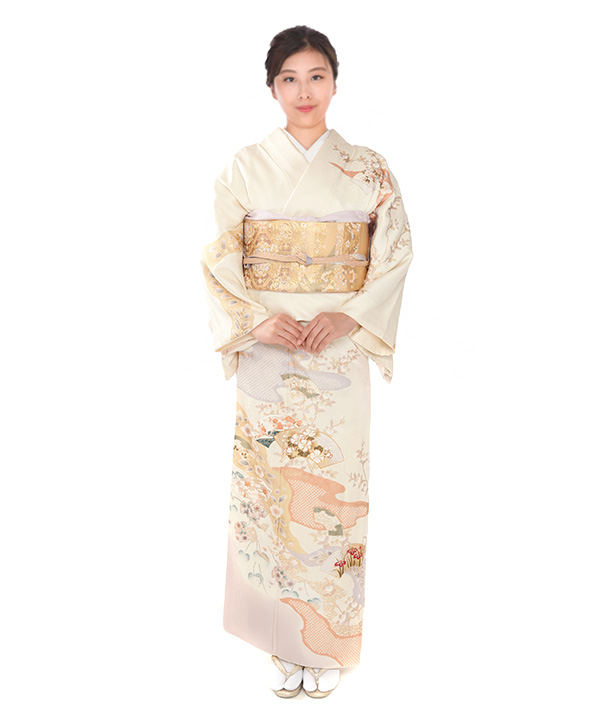 訪問着レンタル｜クリーム色に四季草花｜H0349｜M｜宅配着物レンタル