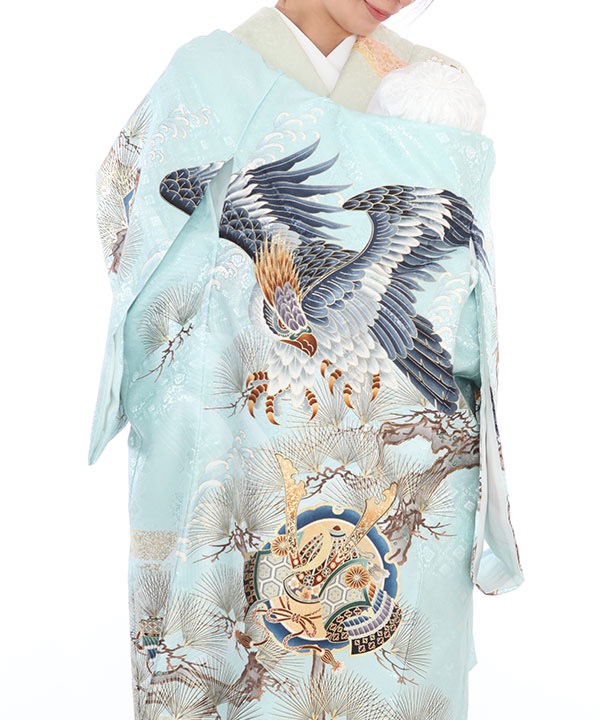 お宮参り産着レンタル 男の子｜薄水色地に鷹や松｜U0120｜宅配着物