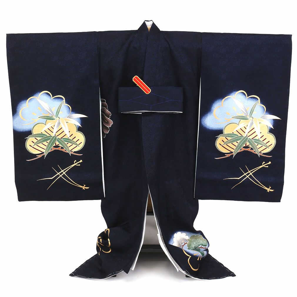 お宮参り 着物 男の子 産着 祝い着 紺 鷹に松枠 桐梅など 正絹 のしめ