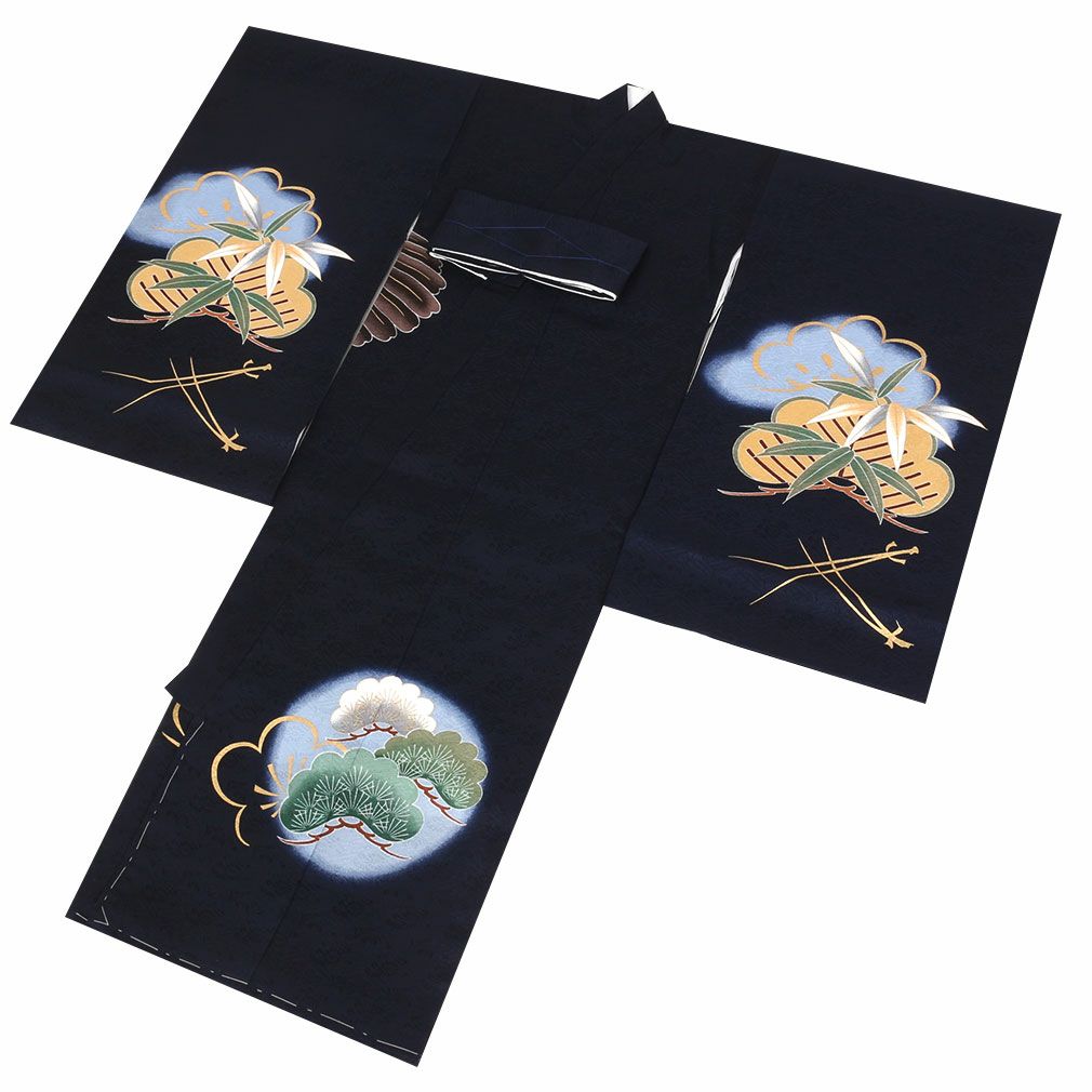 お宮参り 着物 男の子 産着 祝い着 紺 鷹に松枠 桐梅など 正絹 のしめ