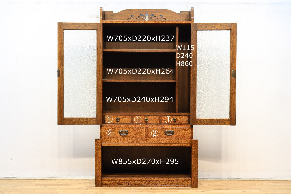 極上!!タモの杢目とレトロガラスが華やかな観音扉の大型本棚 BB2431