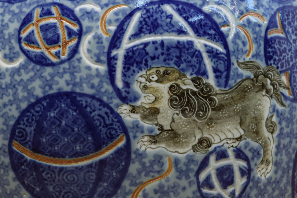 アンティーク特大火鉢 染付火鉢 唐獅子牡丹図 火鉢(直径50cm