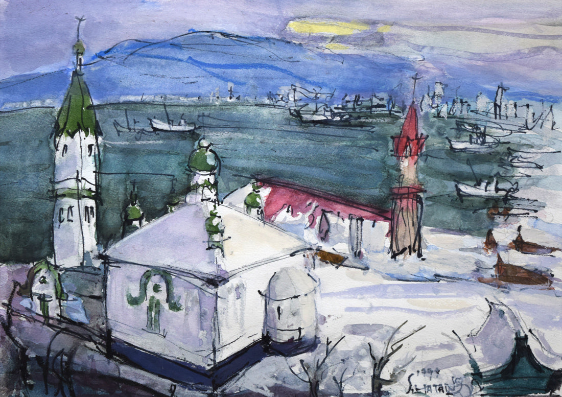 波多野清一「函館（ハリストス正教会）」水彩画・4号 絵画買取・販売の