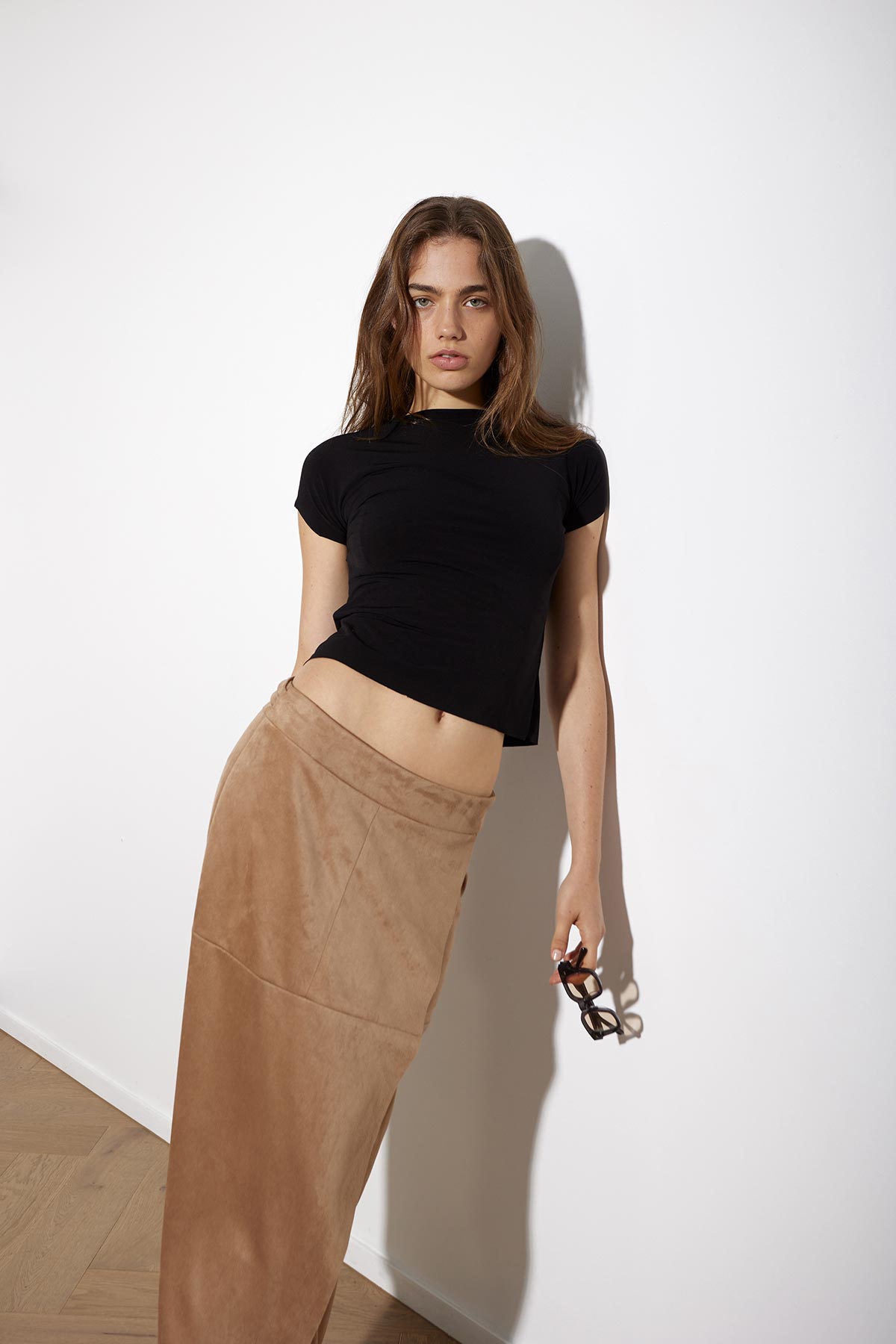 CAMEL-VEGAN-SUEDE-WRAP-SKIRT-