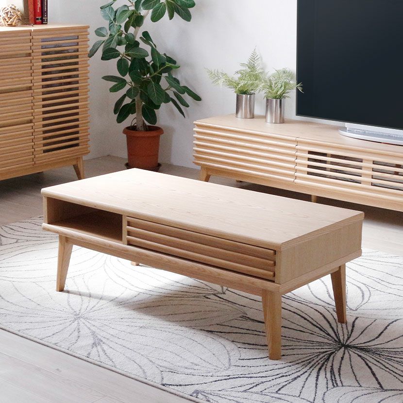 幅100cm 木製 ローテーブル 収納付き 格子デザイン 引き出し付き