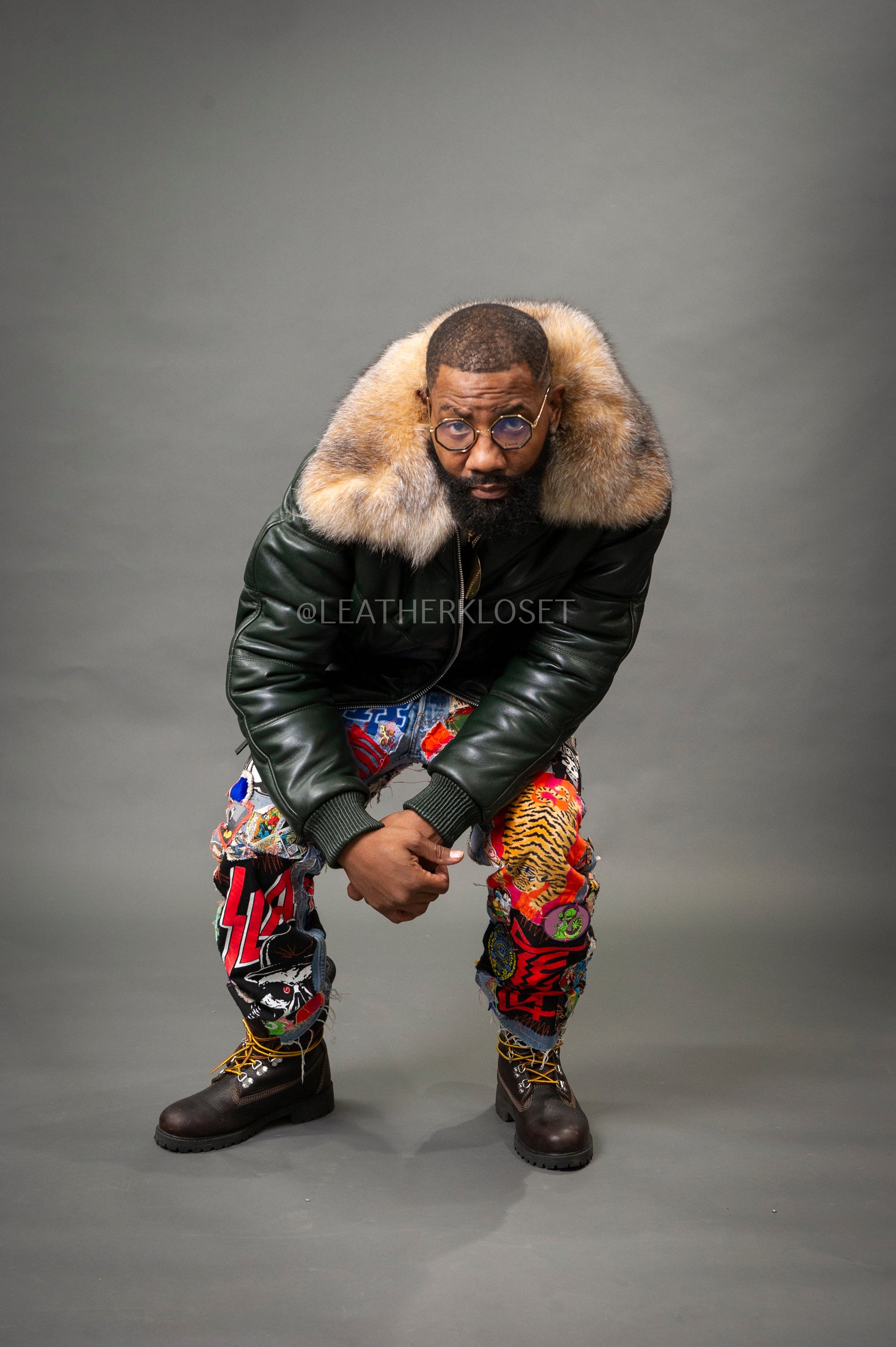 Men's V-Bomber Leather Jacket Forest Green [Crystal Fox