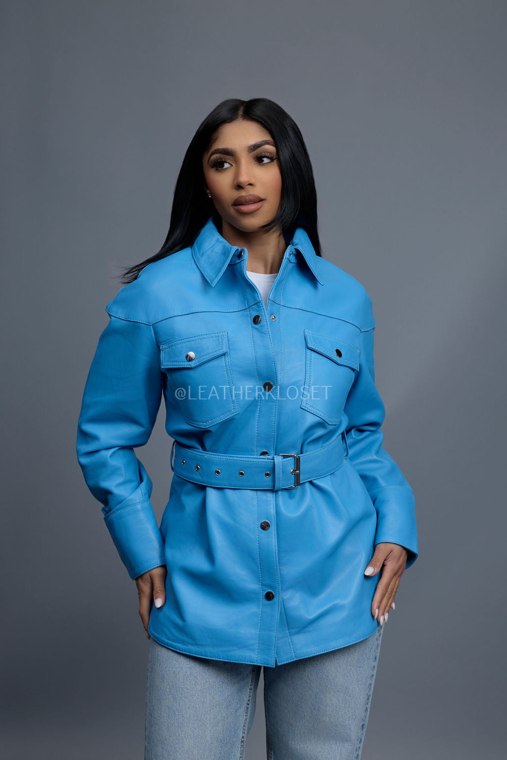 Women's Leather Shirt [Baby Blue] – LeatherKloset