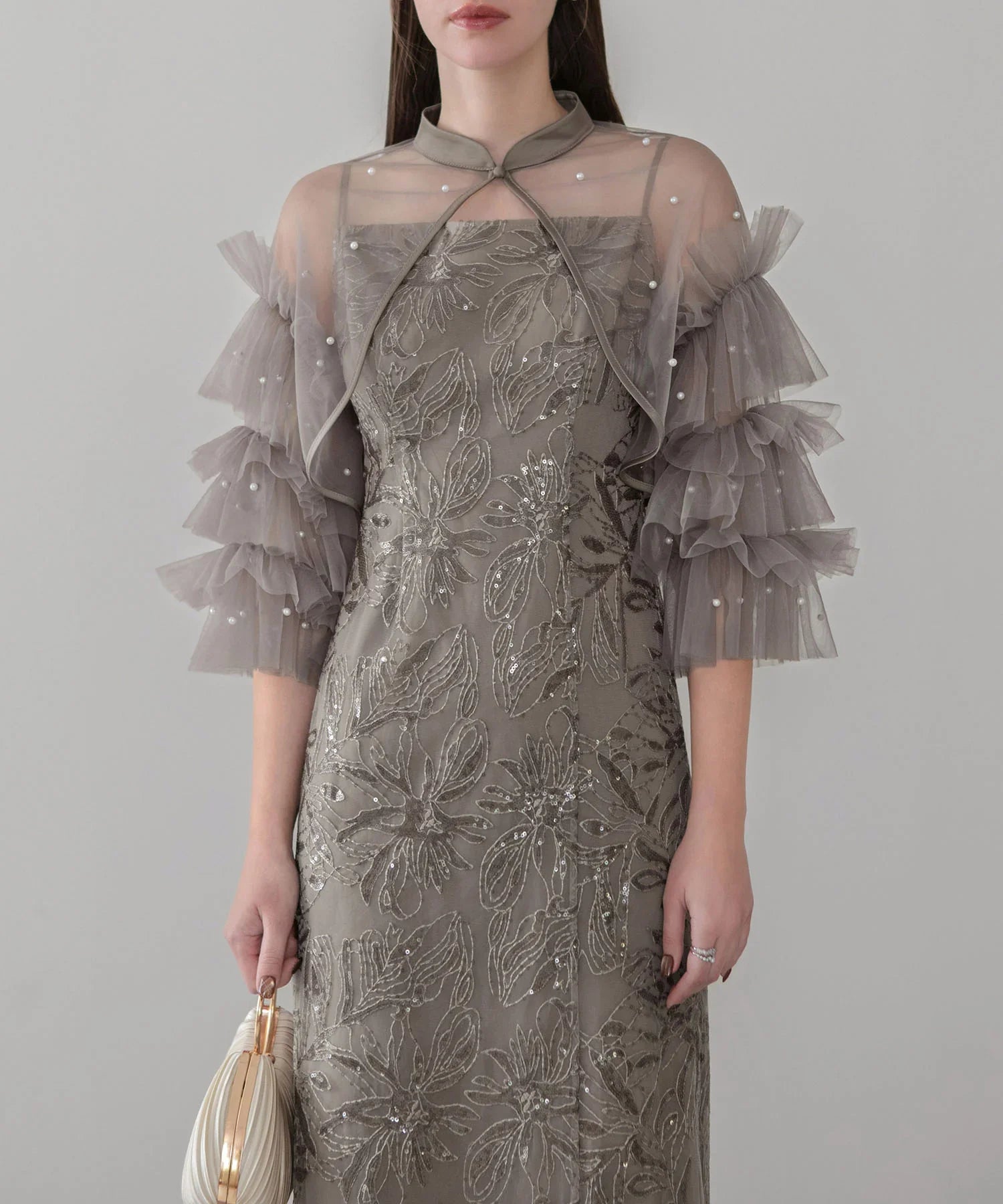 SOLD OUT】パールフリルチュールボレロレイヤードIラインワンピースドレス