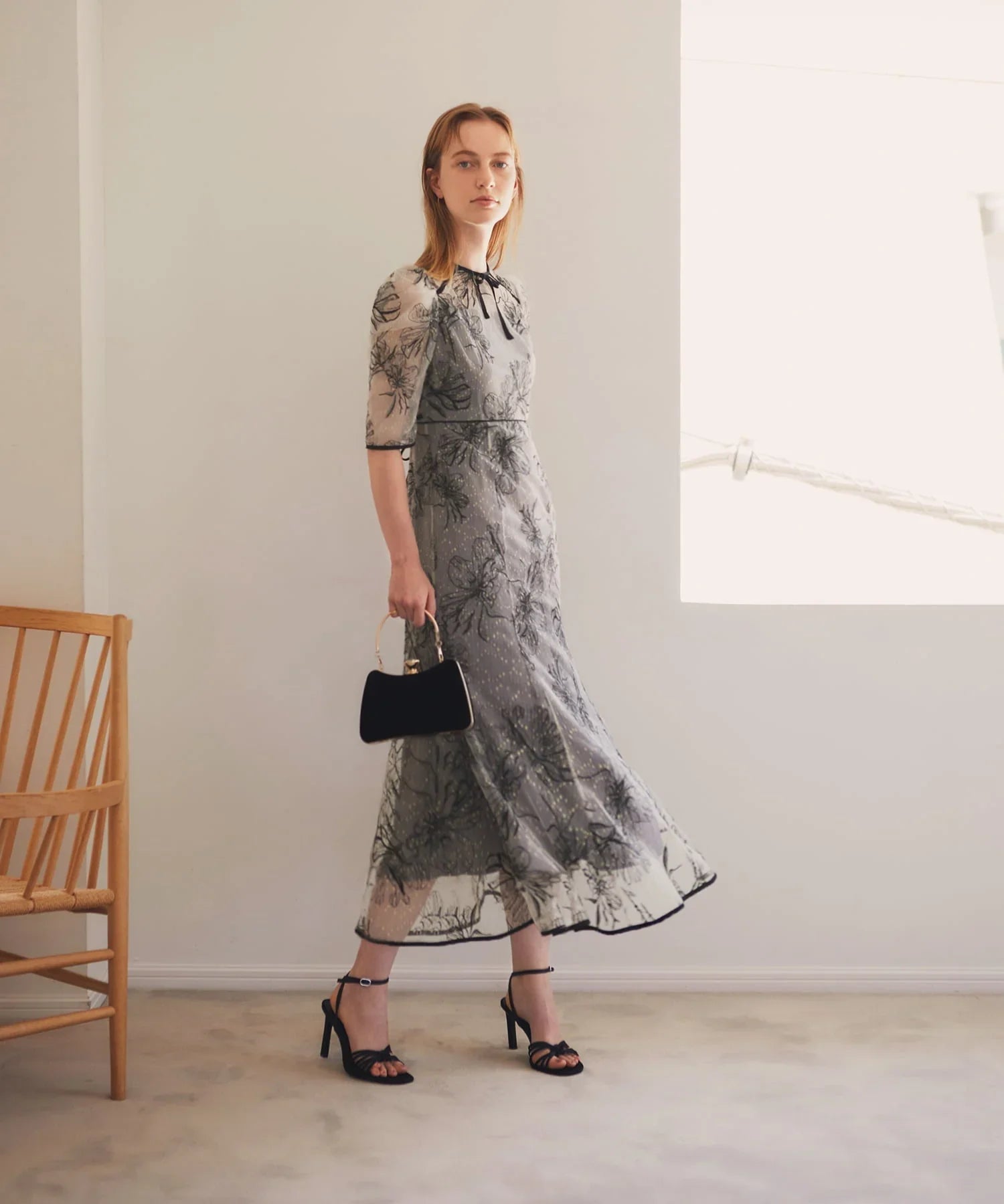 当日発送】花柄リボンパフスリーブマーメイドドレス/パーティードレス