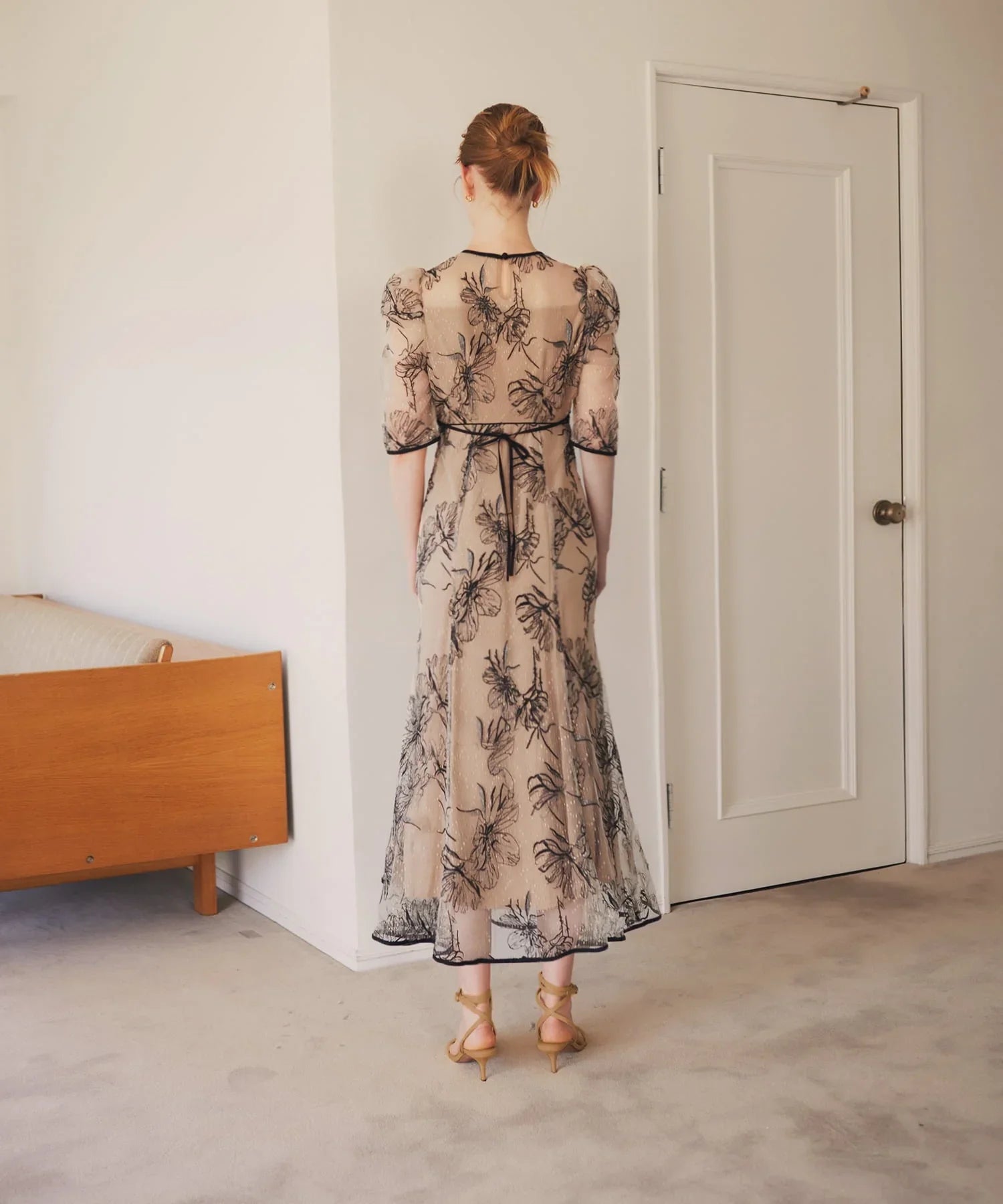 当日発送】花柄リボンパフスリーブマーメイドドレス/パーティードレス