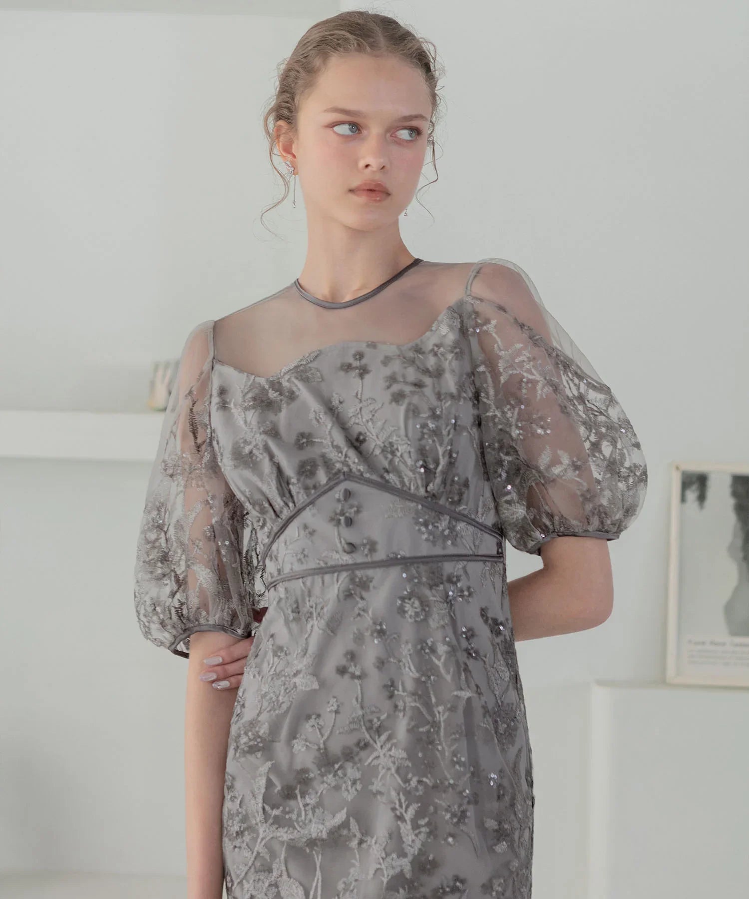 当日発送】フラワーディテールパフスリーブIラインワンピース結婚式ドレス