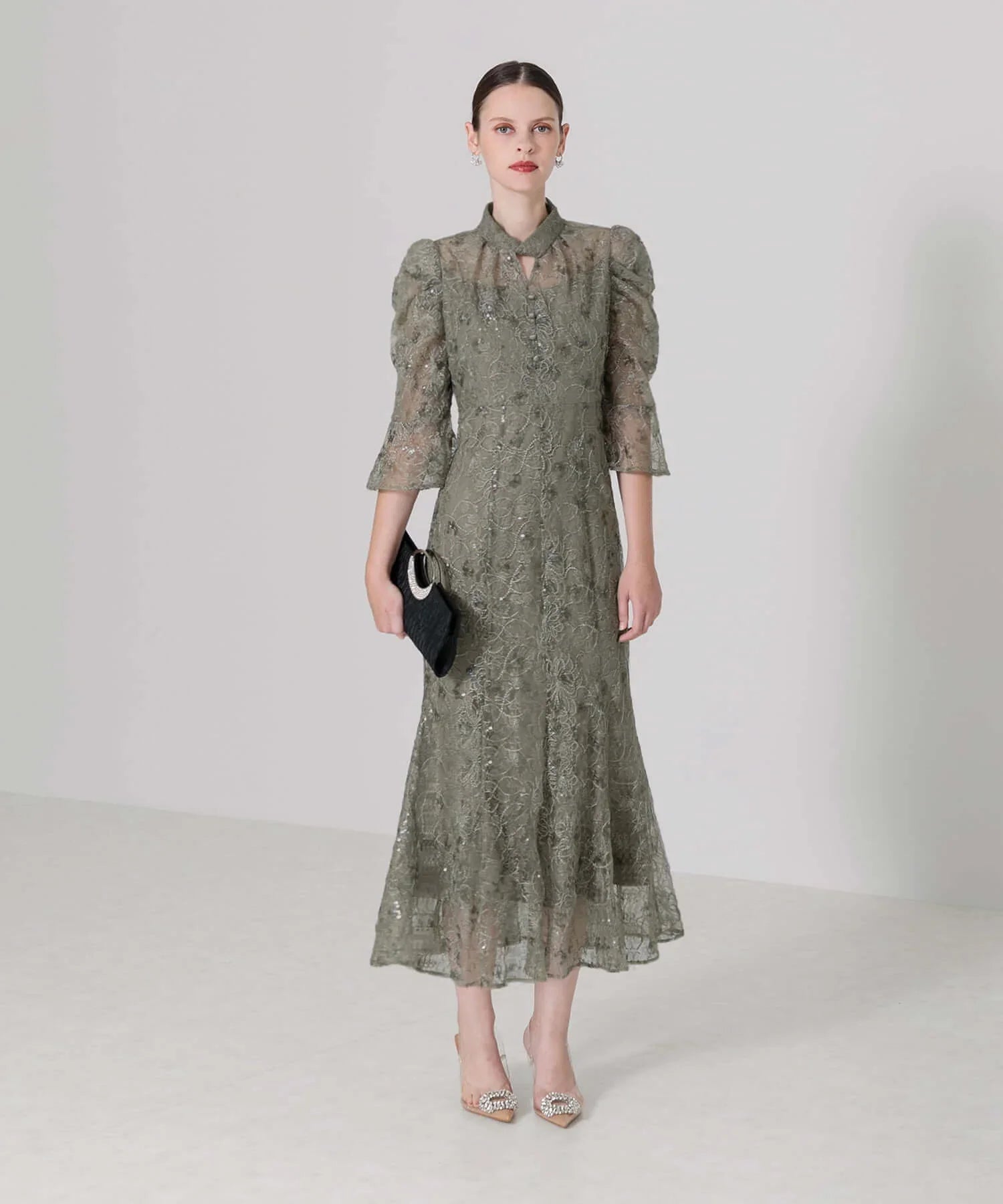 当日発送】スパンコール花柄パフスリーブマーメイドドレスパーティー