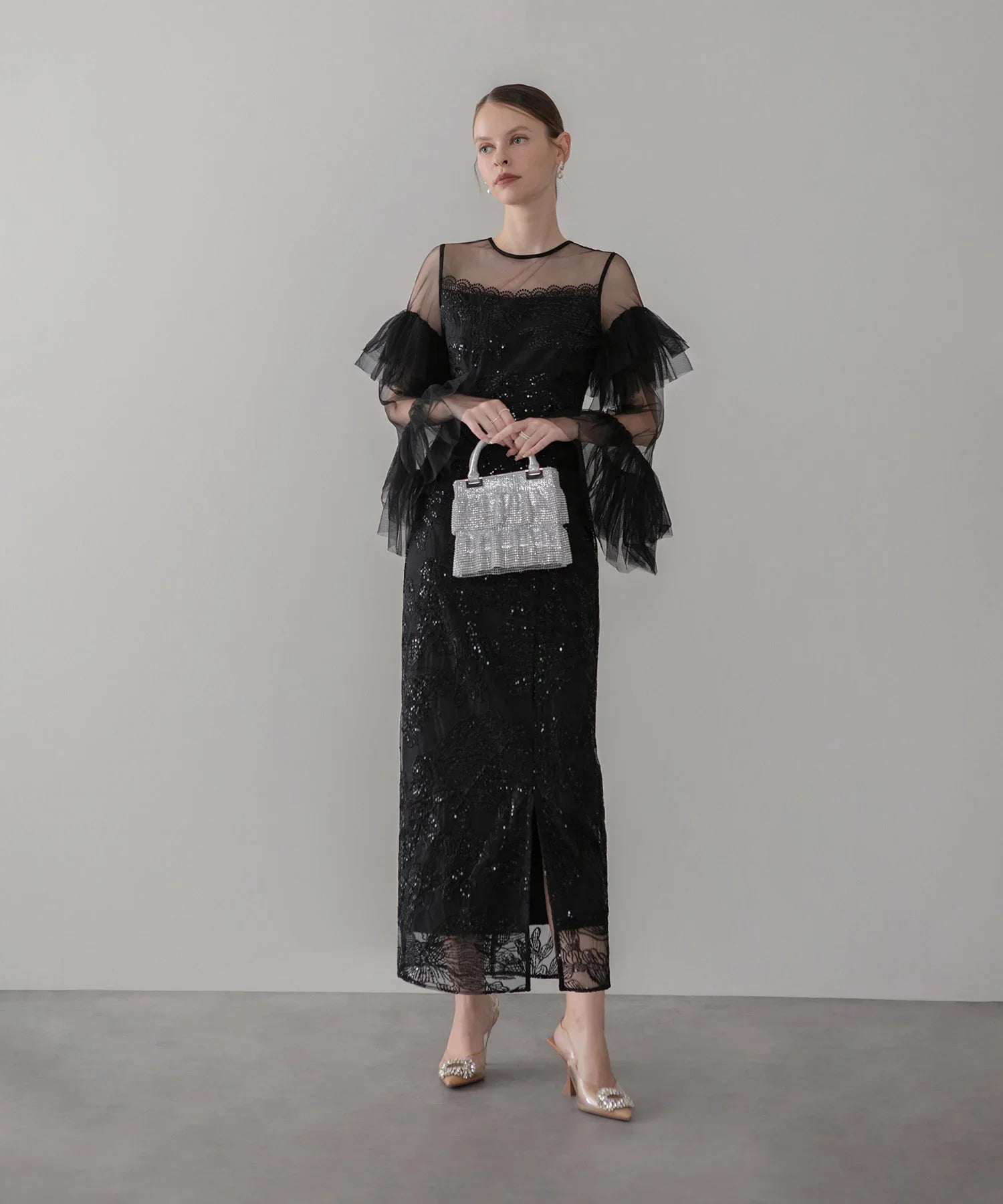 当日発送】フリルチュールスリーブレースIラインワンピースドレス