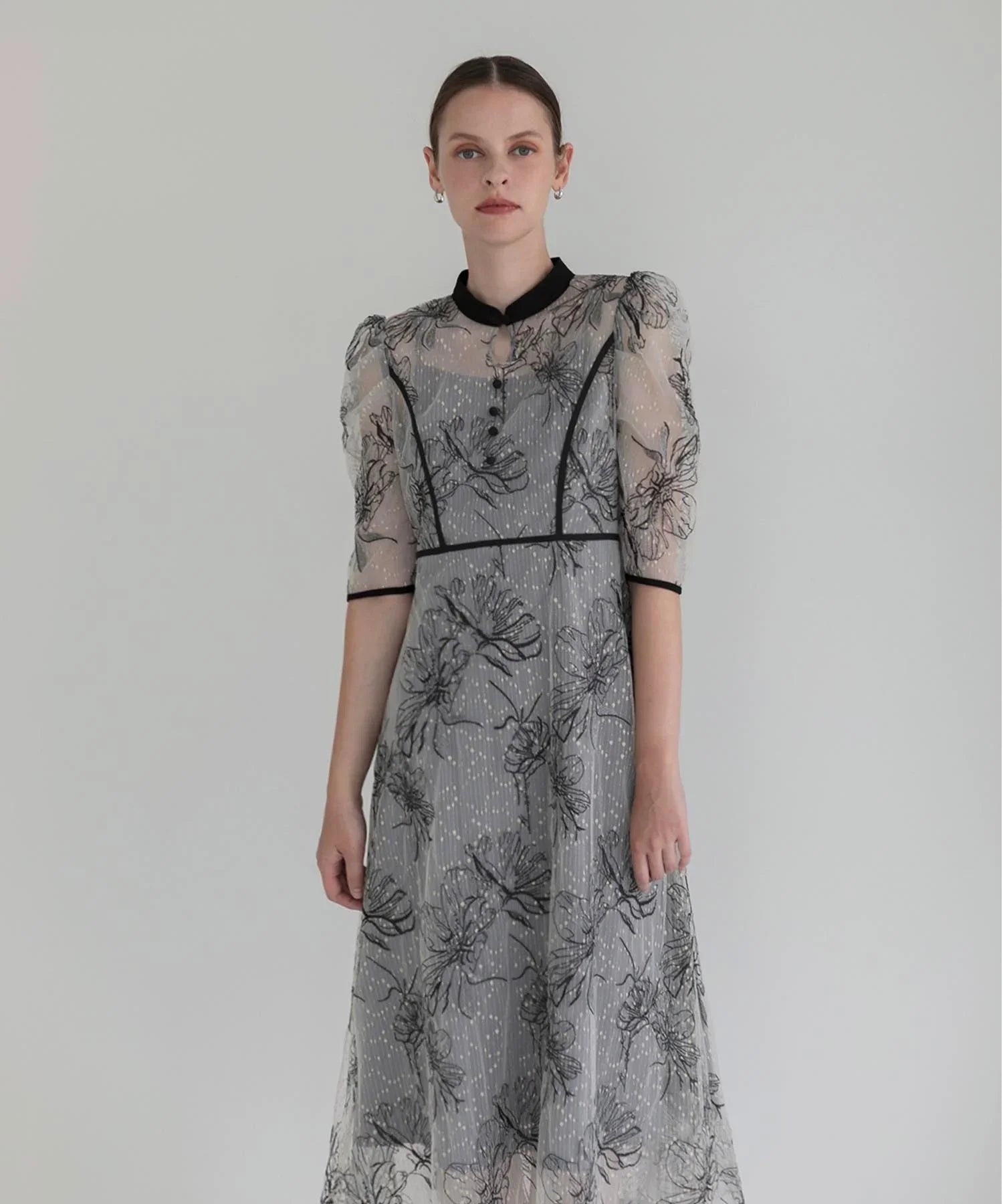 当日発送】パイピングハイネック花柄ラメレースドレス/パーティー