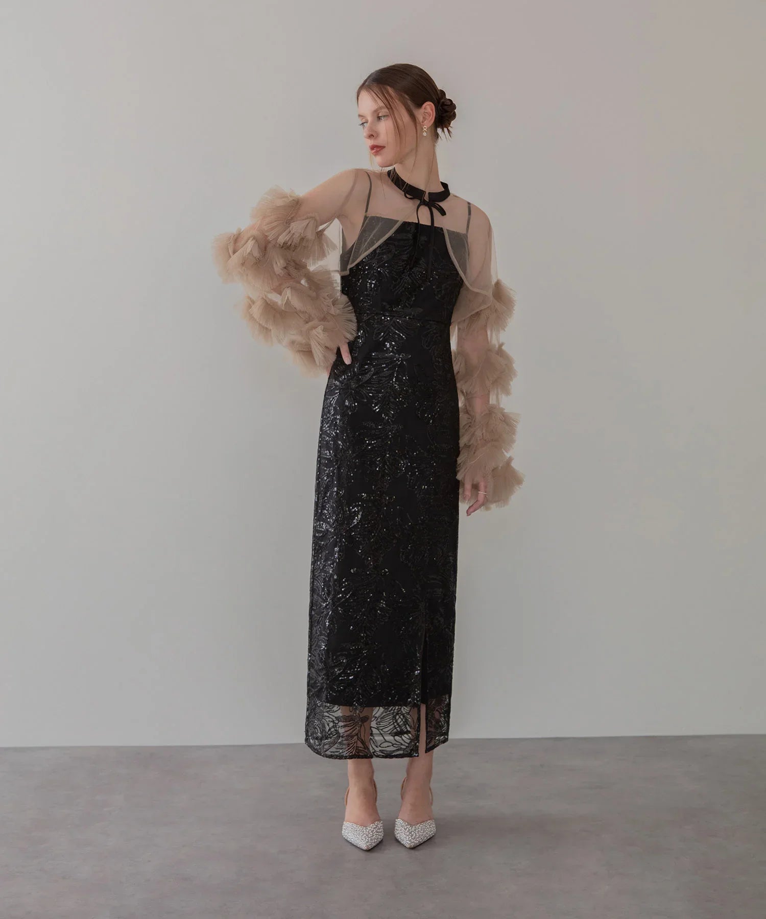 一部当日発送】フリルチュールスリーブリボンIラインワンピースドレス