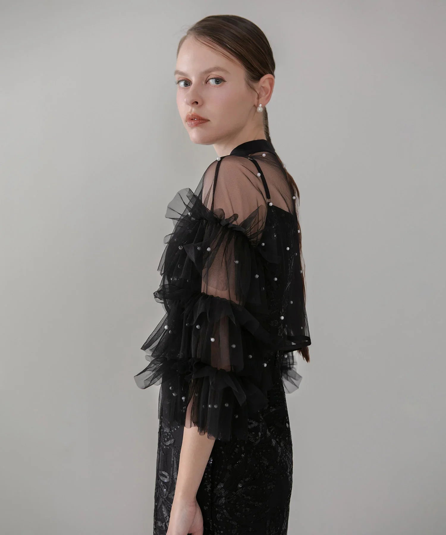 SOLD OUT】パールフリルチュールボレロレイヤードIラインワンピースドレス