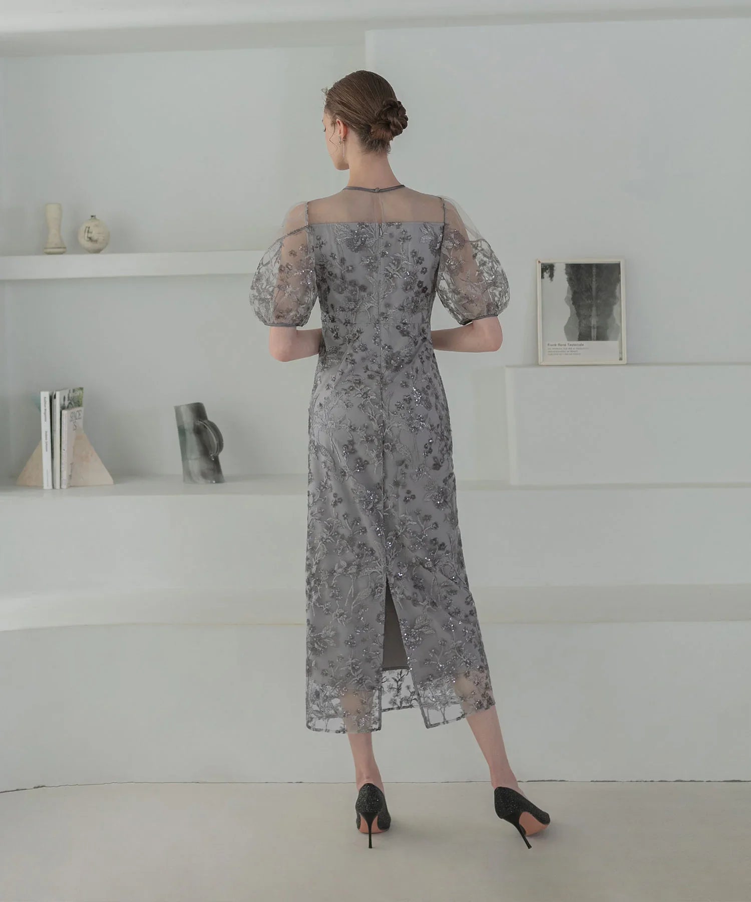 当日発送】フラワーディテールパフスリーブIラインワンピース結婚式ドレス