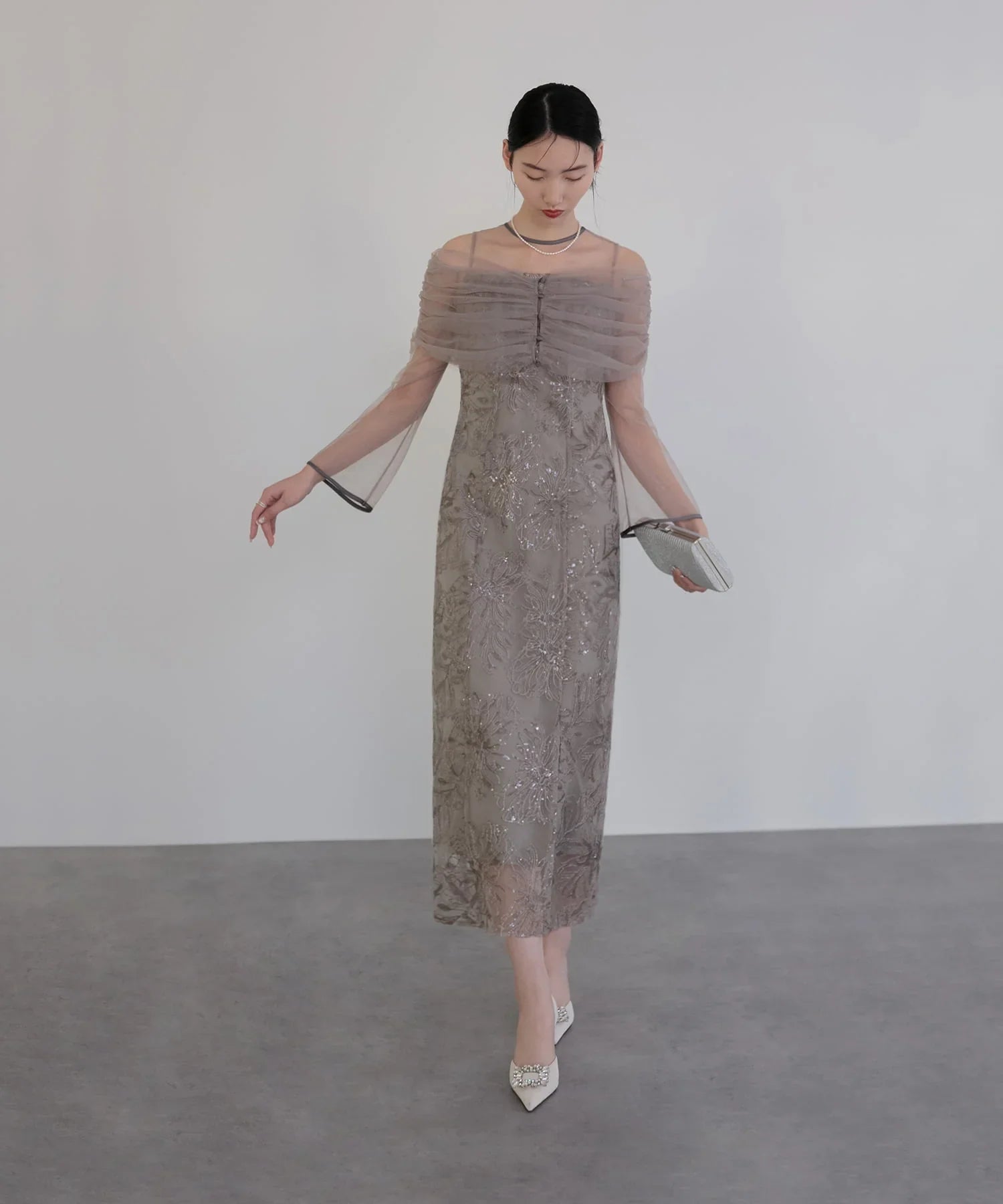 一部当日発送】チュールオフショルダー花柄Iラインドレス/パーティー