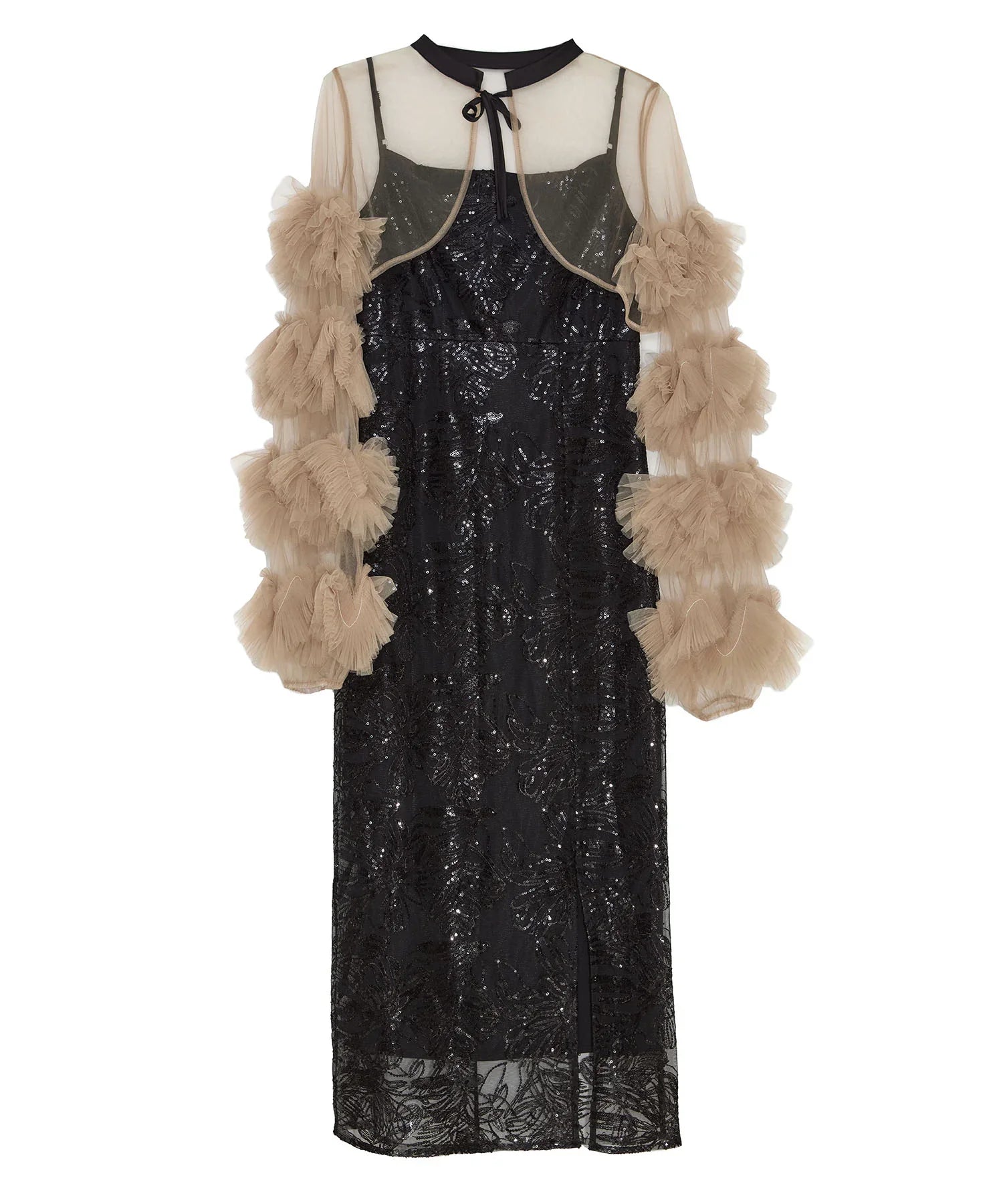 一部当日発送】フリルチュールスリーブリボンIラインワンピースドレス