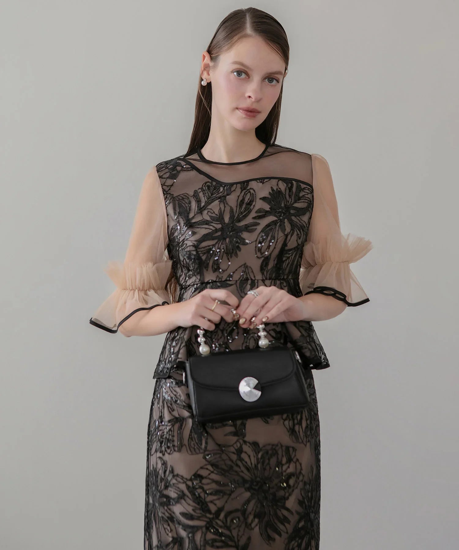 アシンメトリーシアーフラワースパンコールフリルチュール