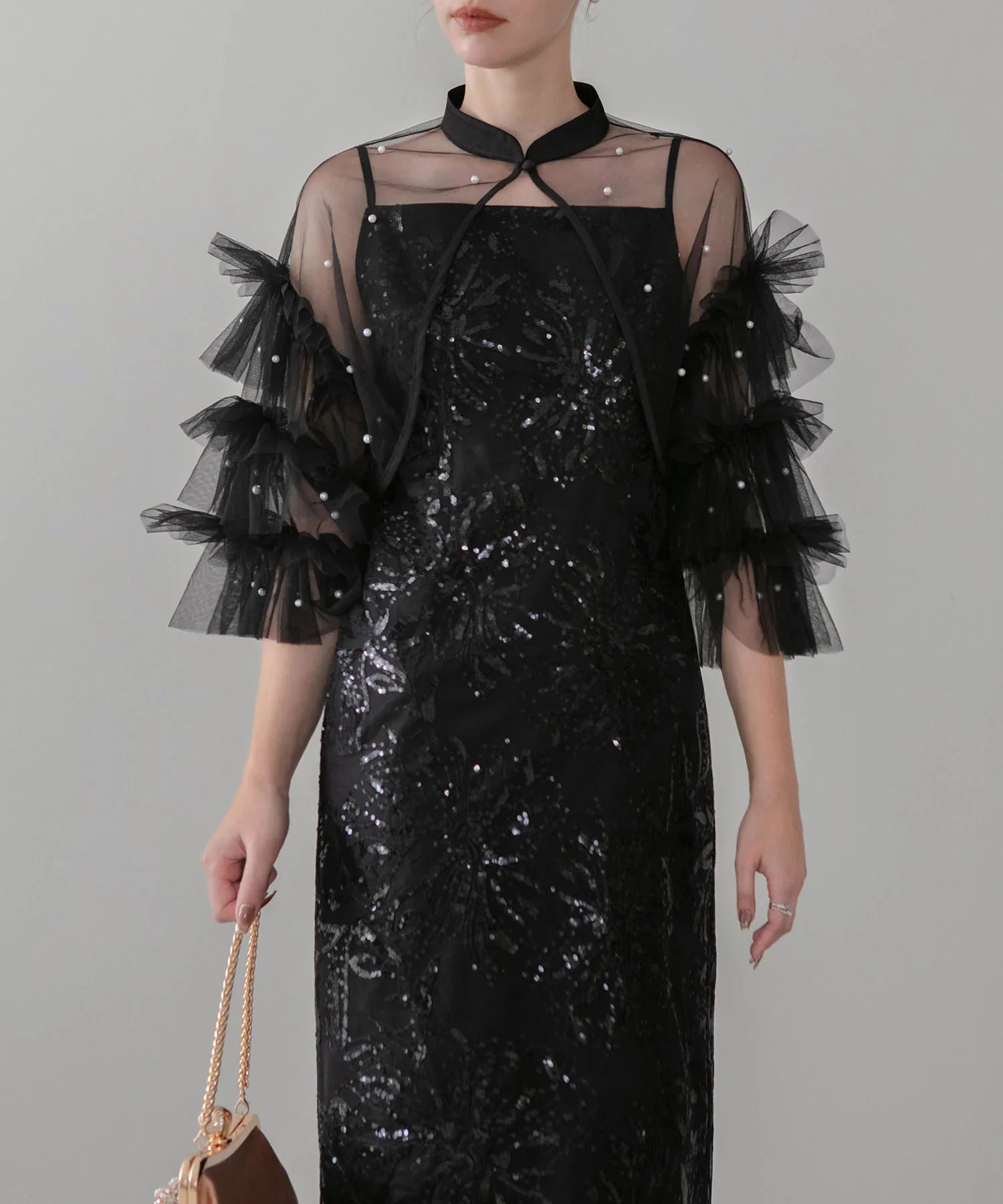 SOLD OUT】パールフリルチュールボレロレイヤードIラインワンピースドレス