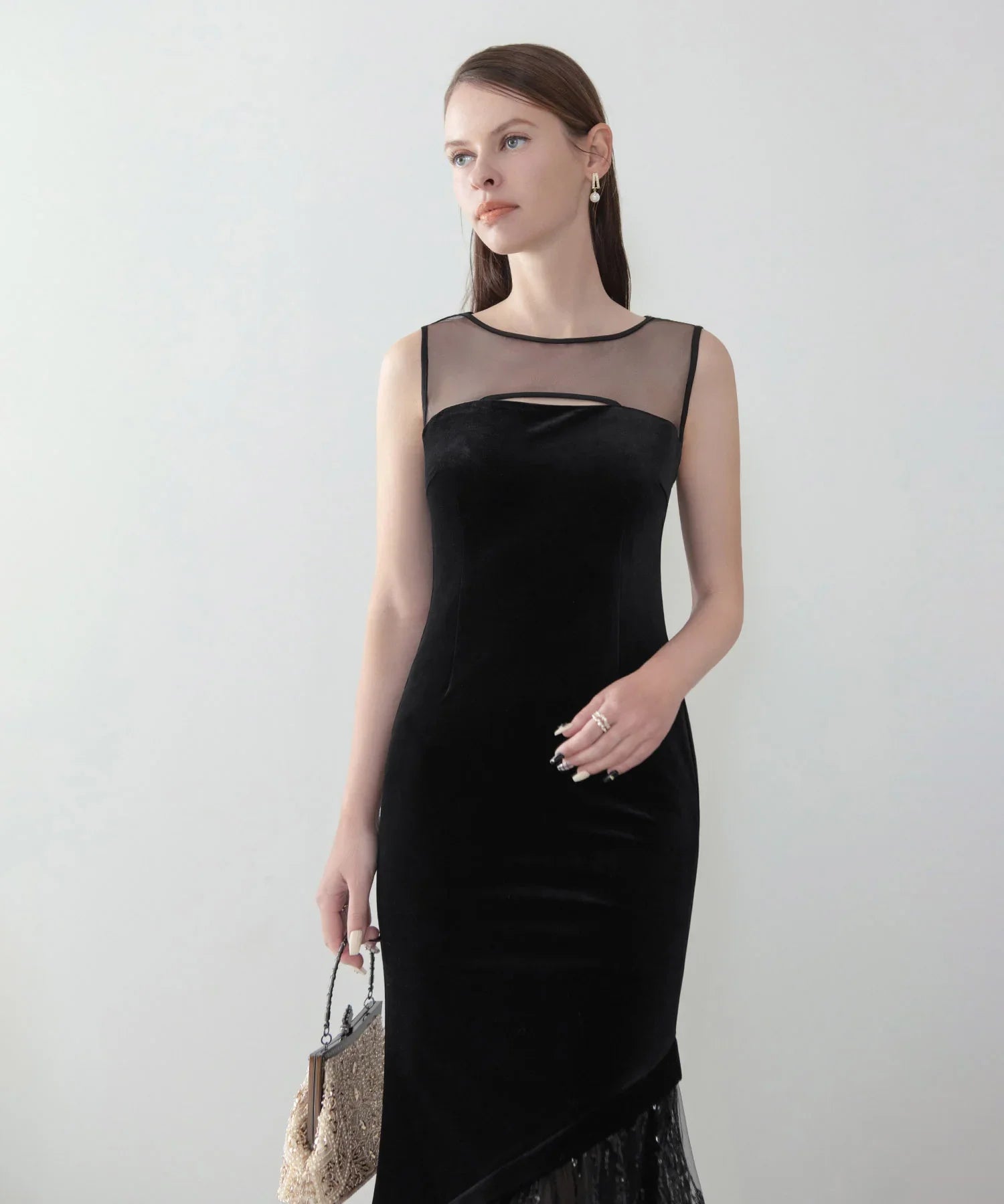 LEJA LUXE】2WAYアシンメトリーフリルベロアマーメイドドレス