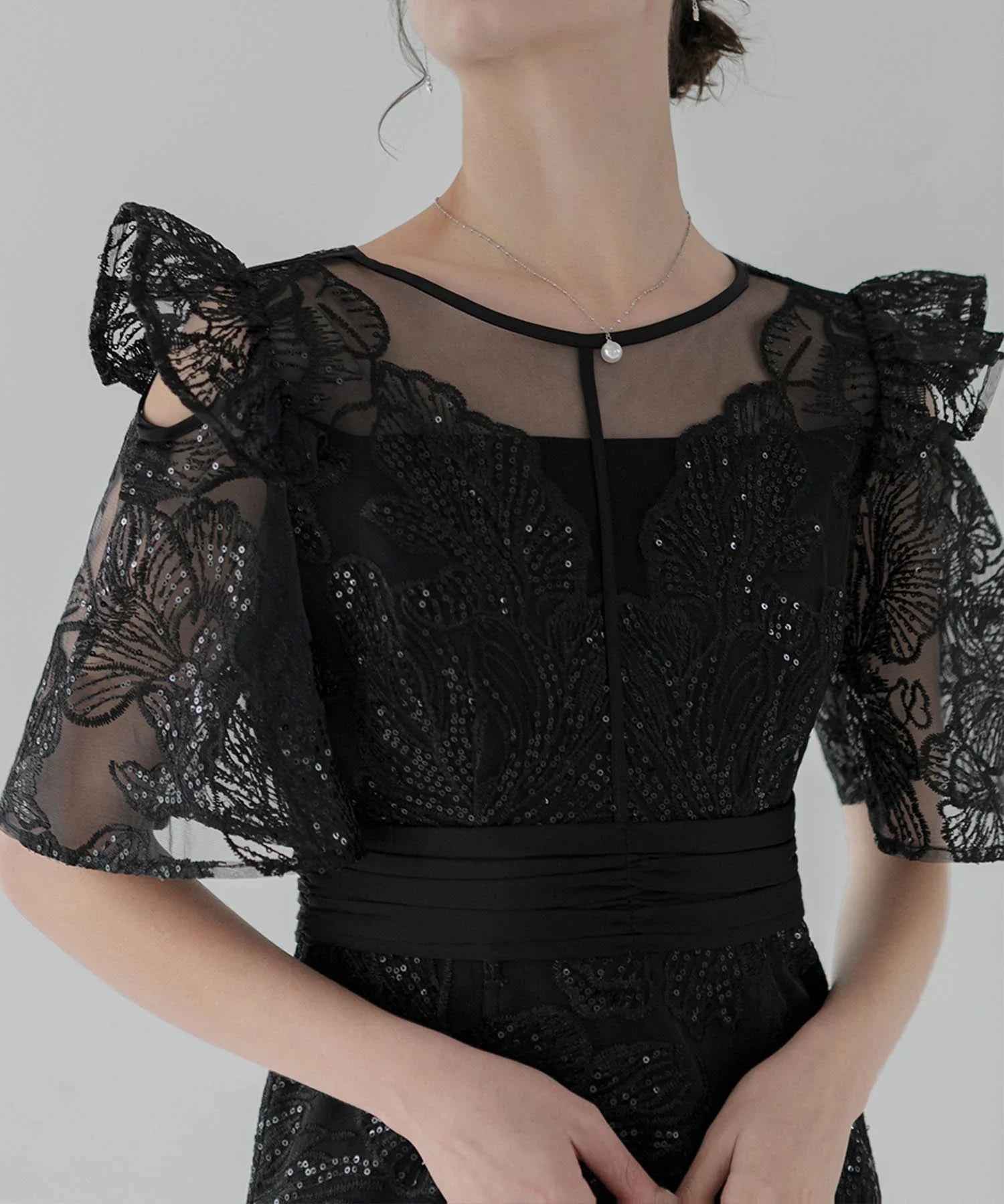 一部当日発送】フラワーレースシアーフリルマーメイドワンピース結婚式