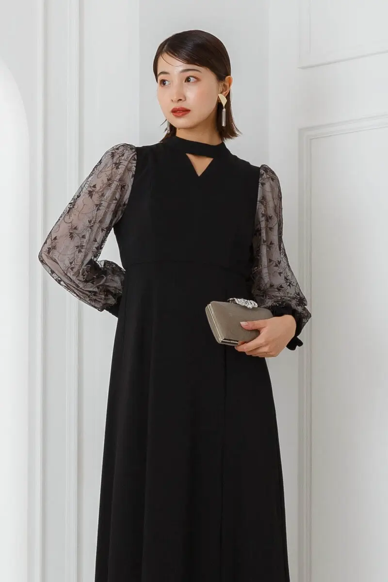 ブラックのエンブロイダリースリーブドレス | ANDRESD | M | 結婚式