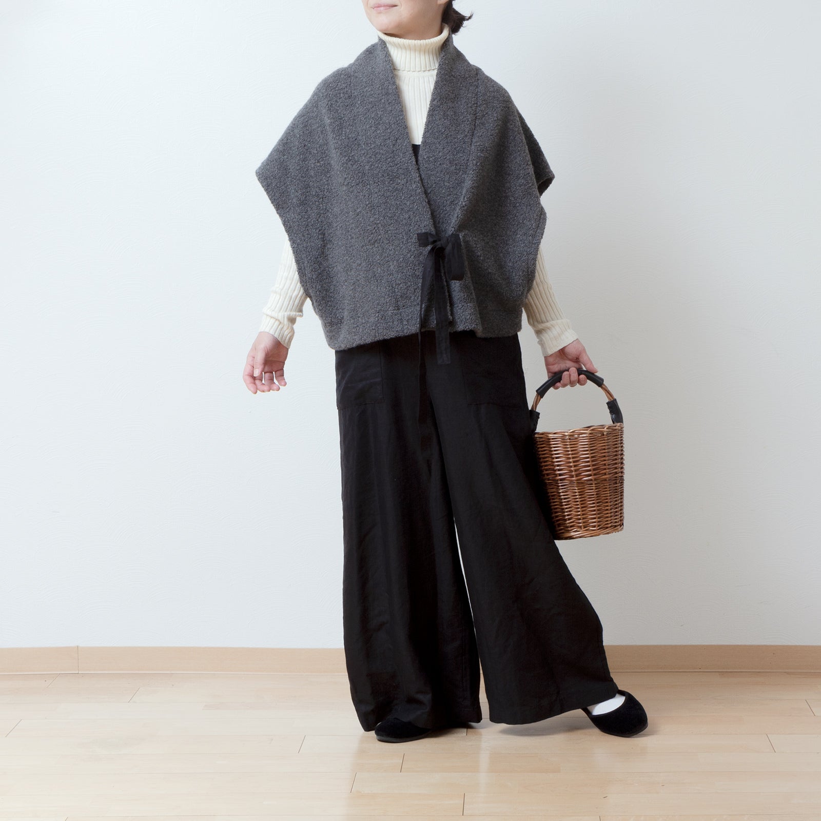 上質ウールボアショールベストリボンテープ付き/トップグレー – liplne