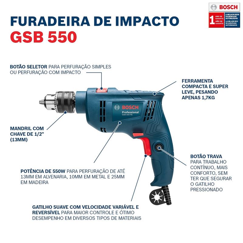 Furadeira de Impacto Bosch GSB 550RE Profissional Reversível 550W