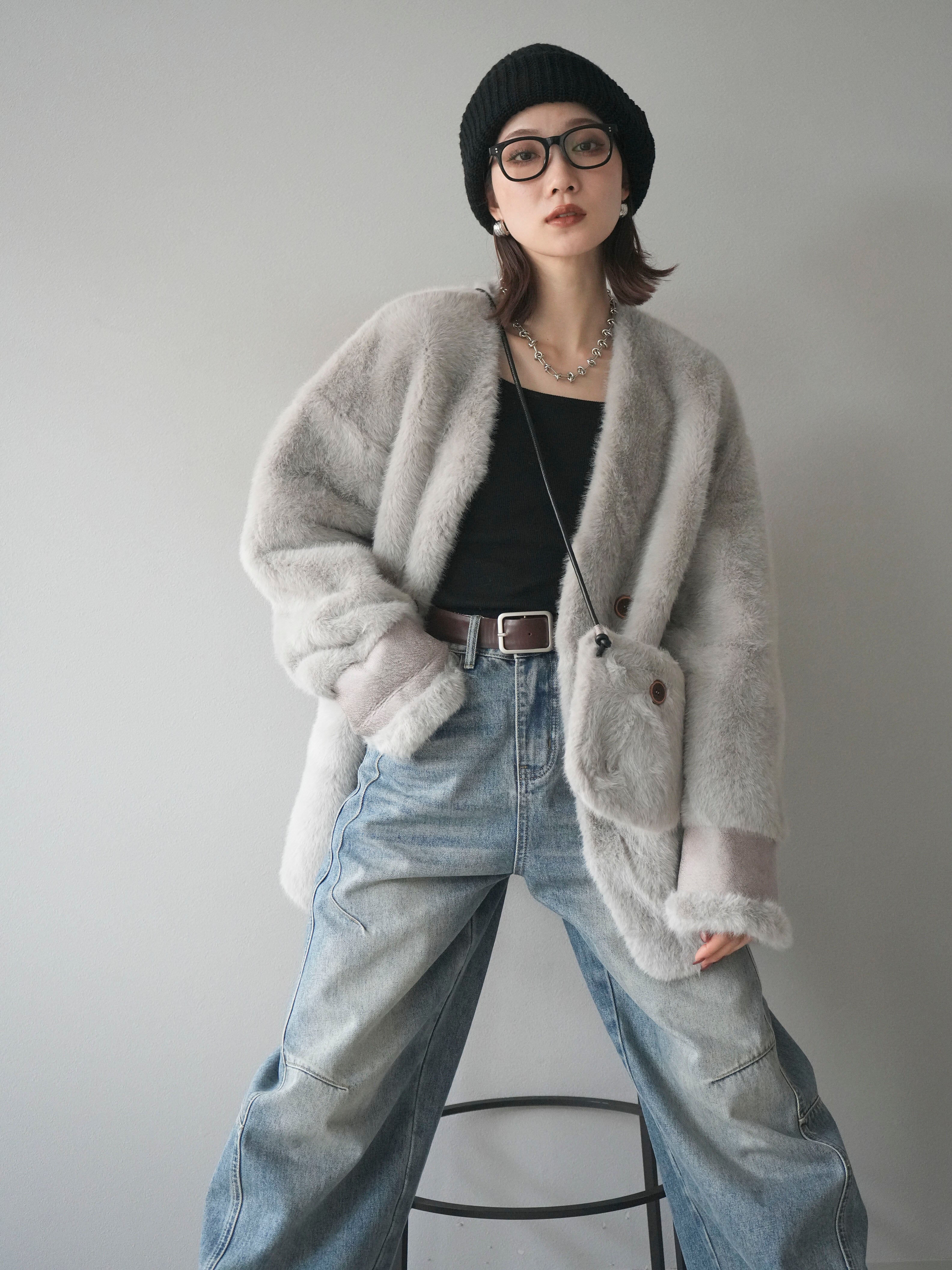 SET]バッグ付エコファーノーカラーコート+選べるアクセセット(2set