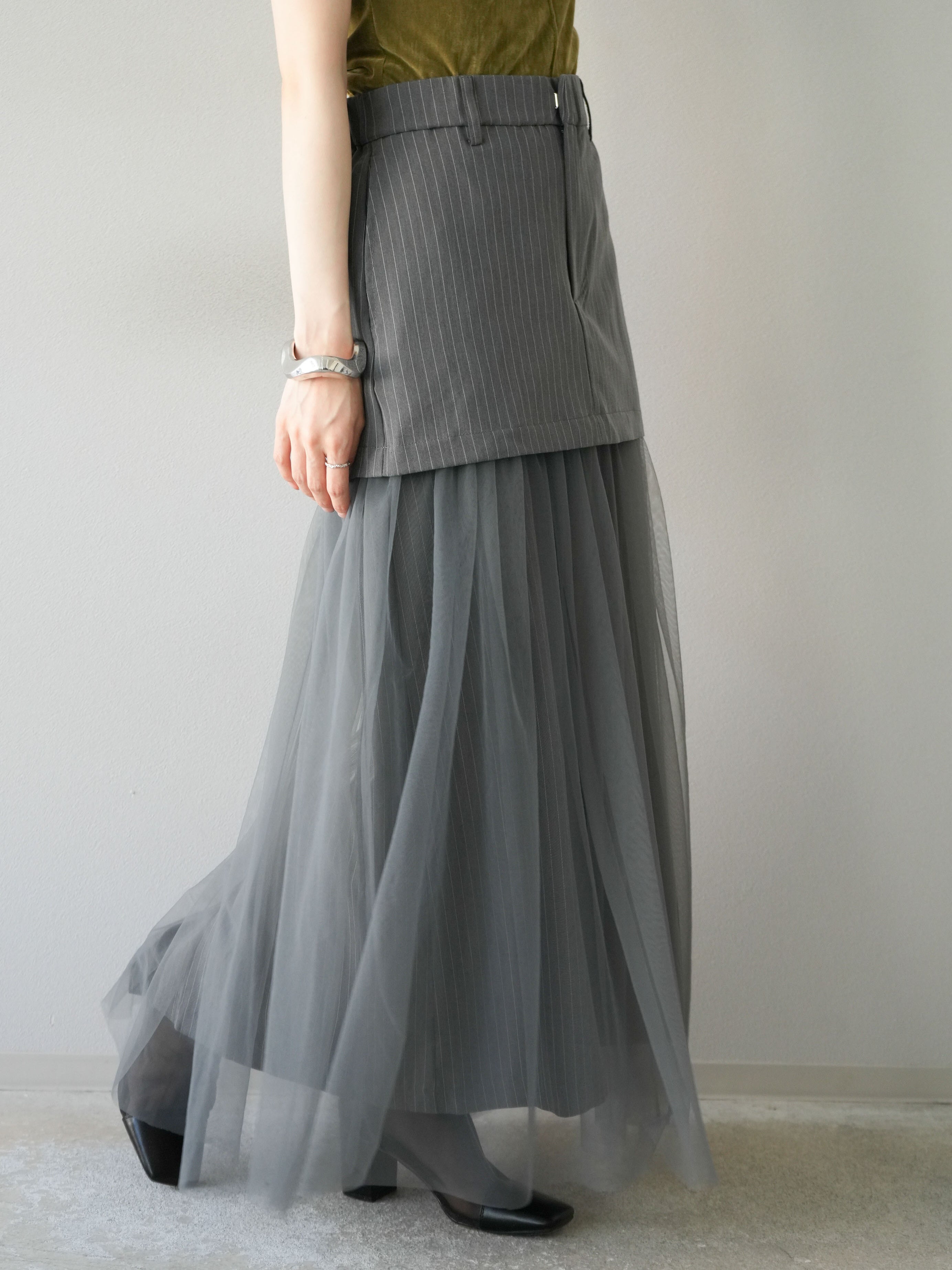 予約]ストライプ切替チュールスカート/グレー – Lumier