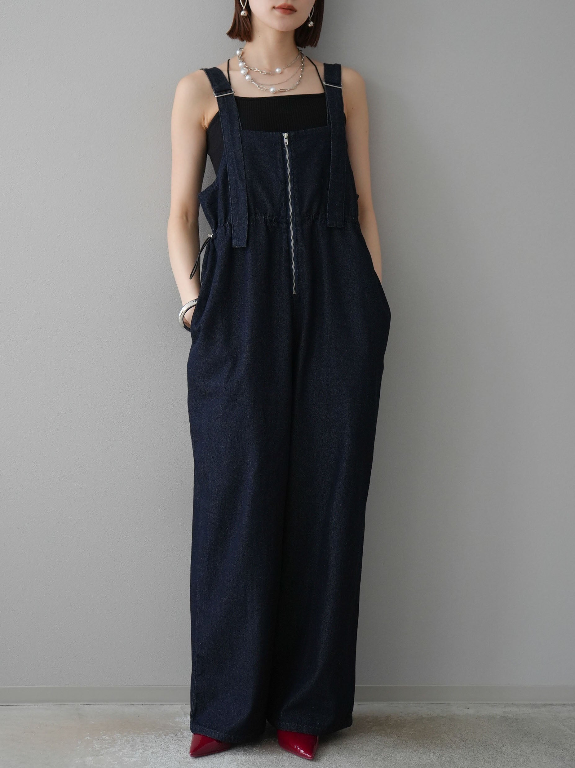 予約]ジップデザインドロストデニムサロペット/インディゴ – Lumier