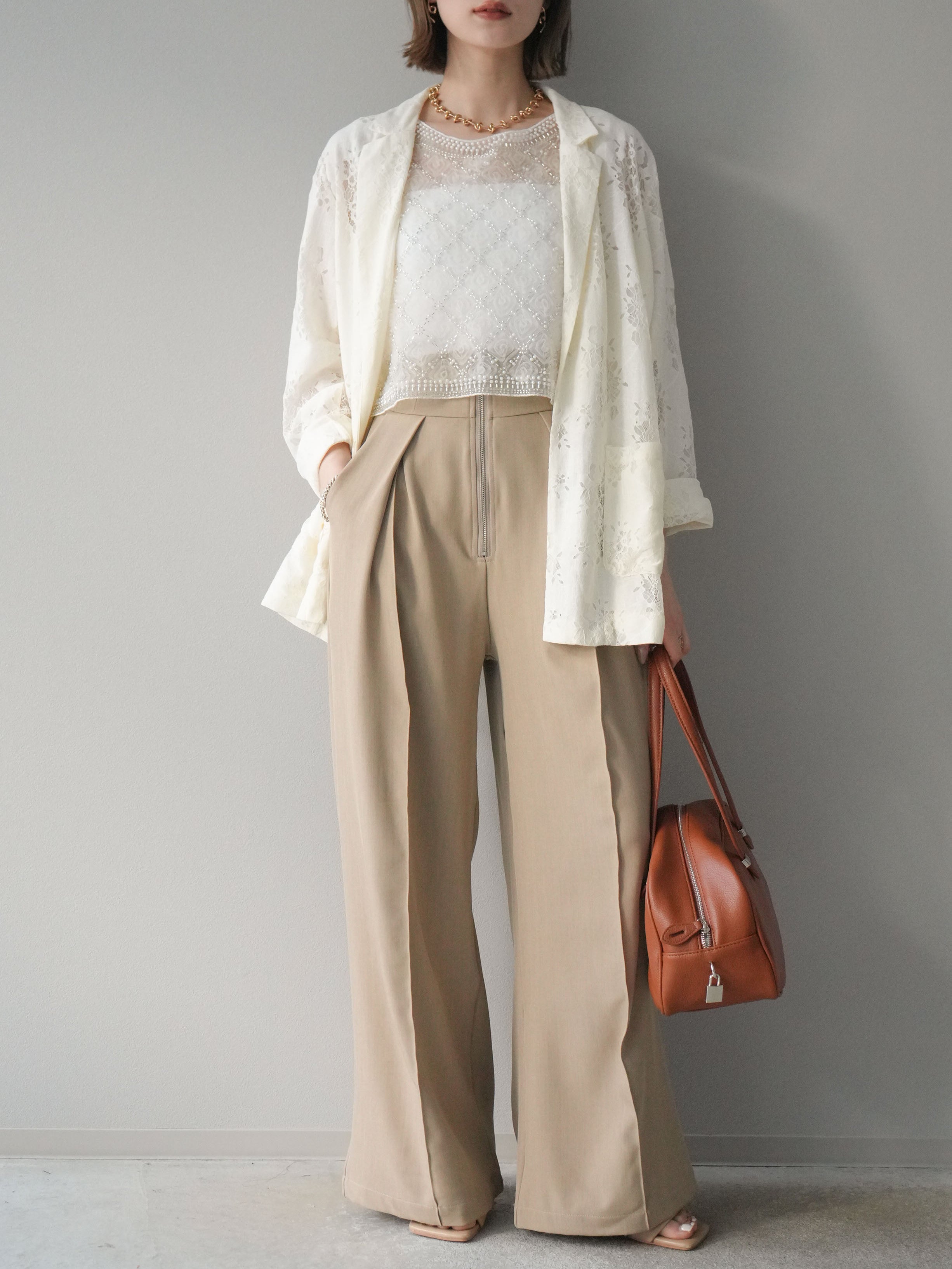 予約]ジップタックワイドパンツ/ベージュ – Lumier