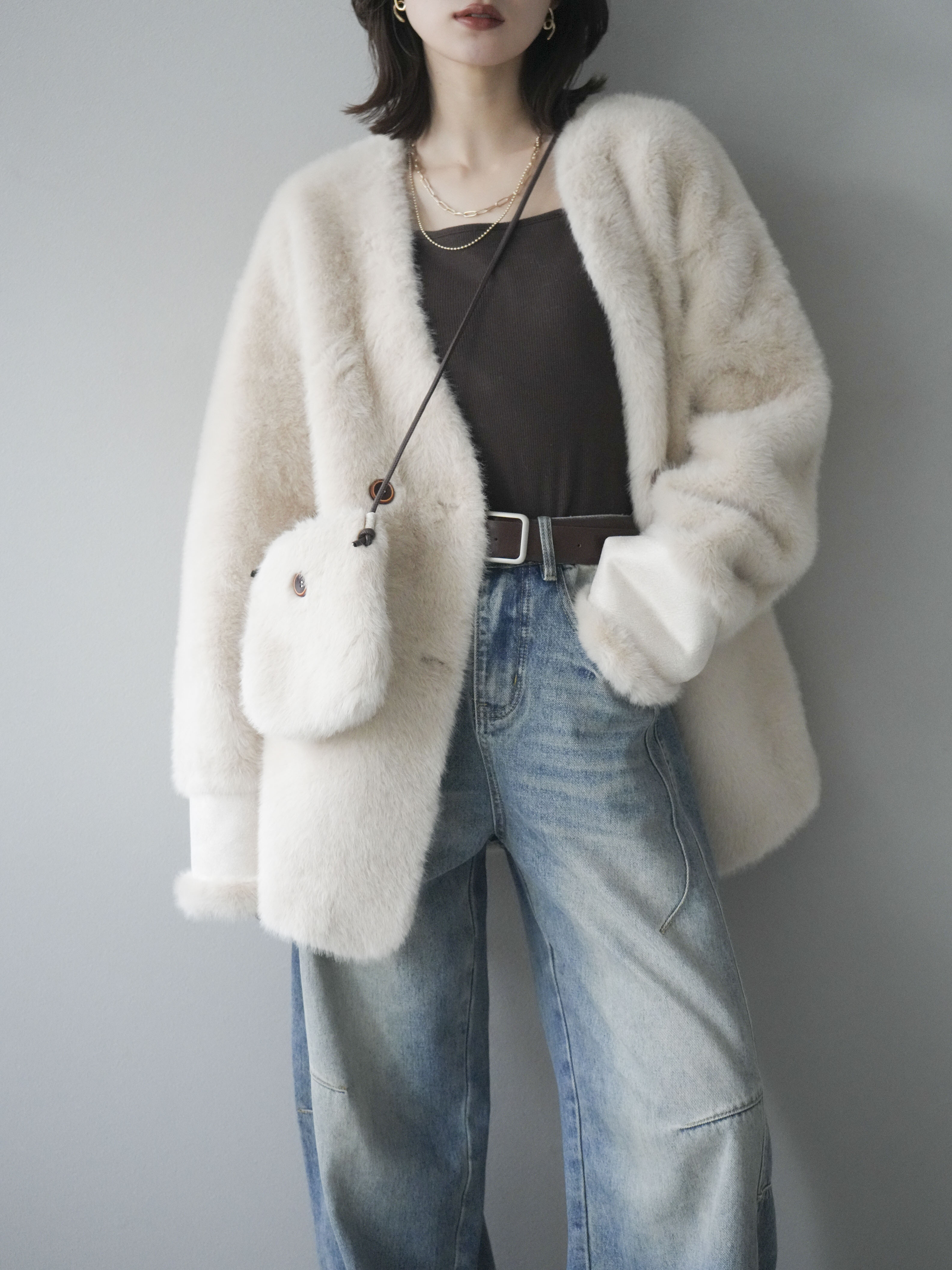 SET]バッグ付エコファーノーカラーコート+選べるアクセセット(2set