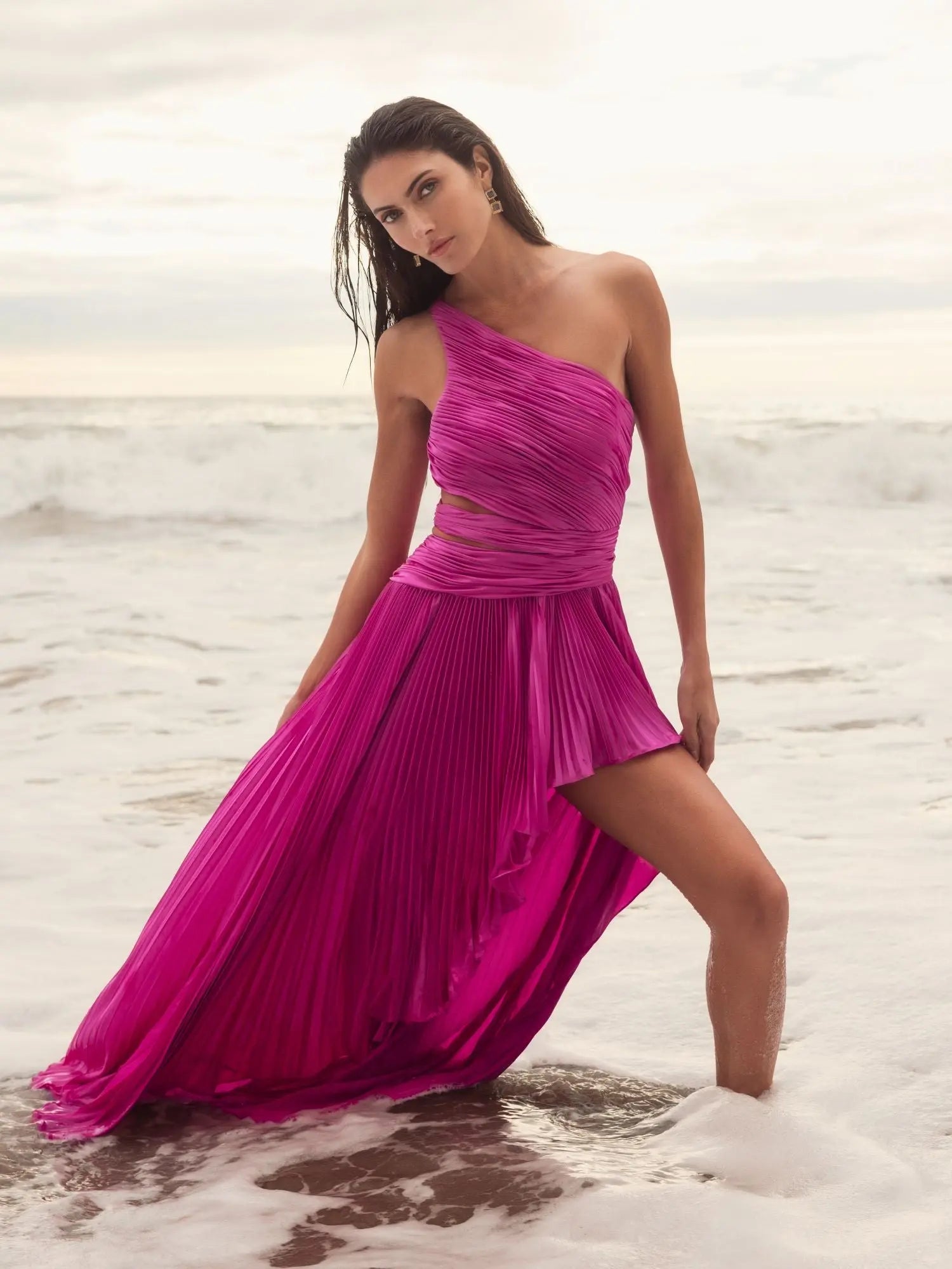 Purple One Shoulder Pleated Charmeuse Gown with Slit | Mac Duggal